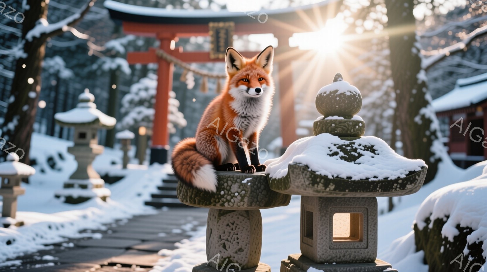 雪に覆われた参道に設置された石灯籠の上に、美しい毛並みの狐が座っている。背景には鮮やかな朱色の鳥居と、雪景色が広がり、静寂で神秘的な雰囲気を醸し出している。狐は前足を揃え、まっすぐ前を見つめ、凛とした佇まいを見せている。