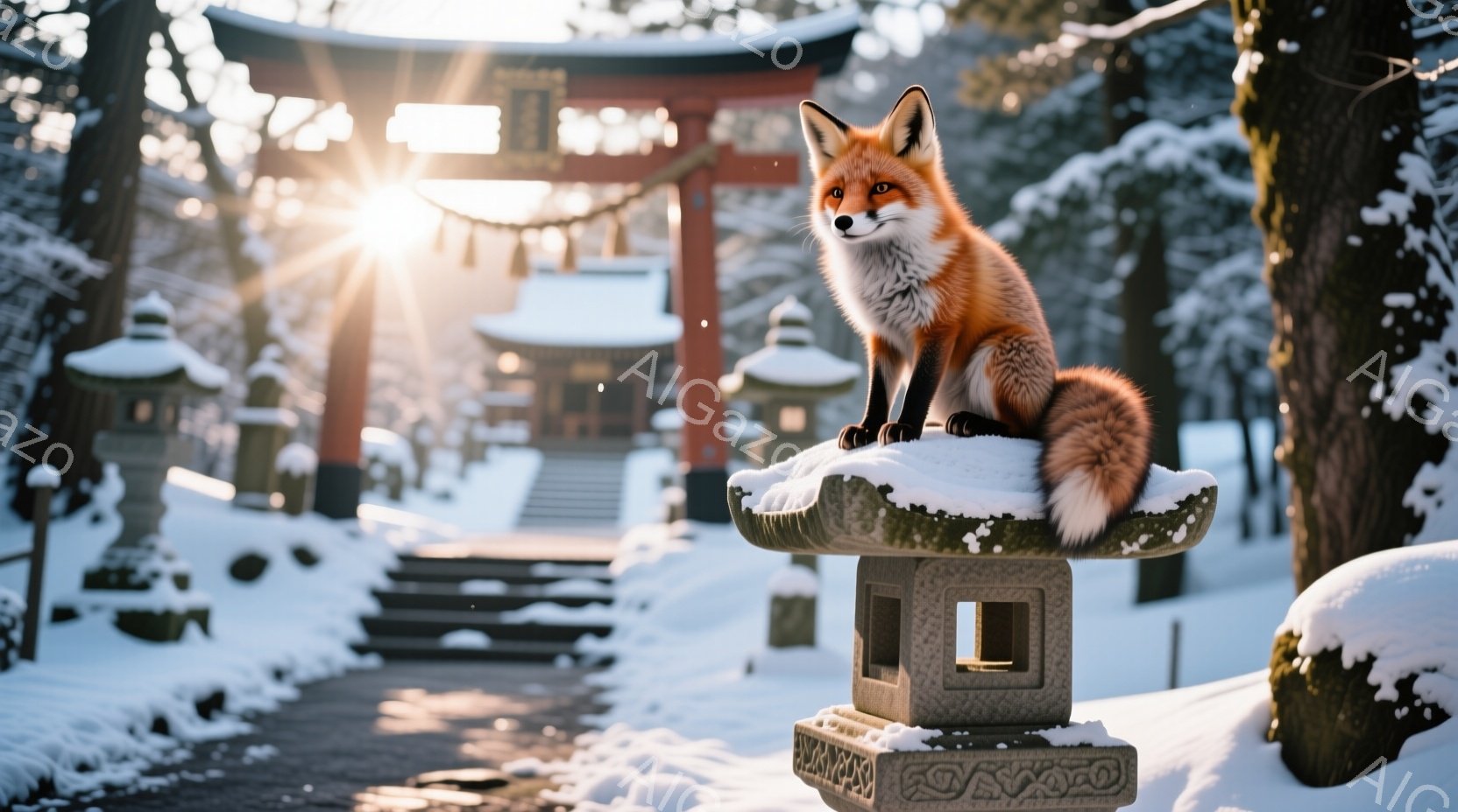 雪深い寺社の石灯籠の上に、美しい毛並みの狐が座っている。夕暮れ時の太陽光が木々の間から差し込み、雪景色を照らし出し、幻想的な雰囲気を醸し出している。狐は前方をまっすぐ見つめ、凛々しくもどこか物憂げな表 - AI生成フリー素材