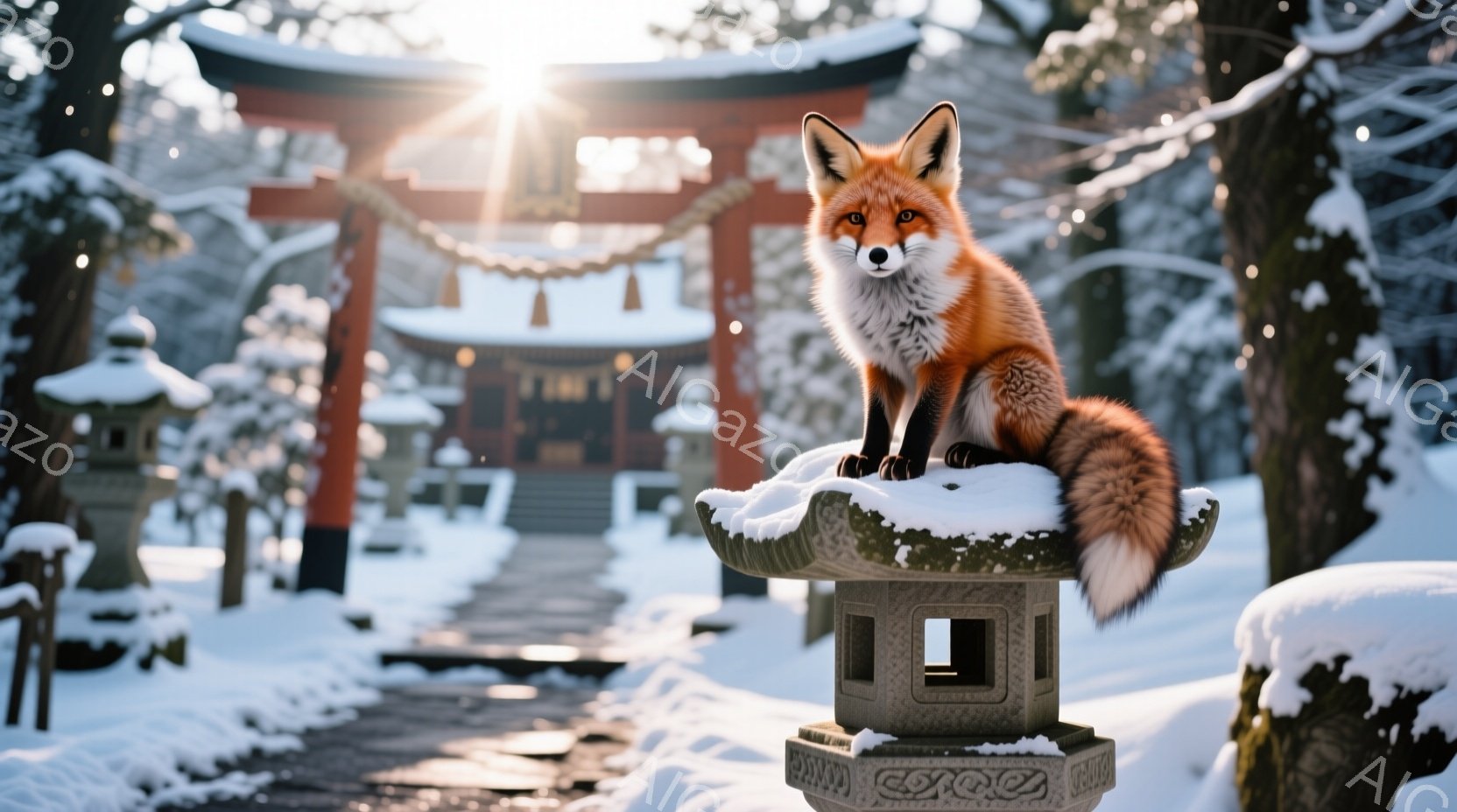 雪に覆われた寺院の石灯籠の上に、美しい赤色のキツネが座っている。キツネは正面を見つめ、ふさふさとした尾が特徴的で、冬の静寂な風景の中でひときわ目を引く存在だ。背景には赤い鳥居と雪に覆われた木々が見え、 - AI生成フリー素材