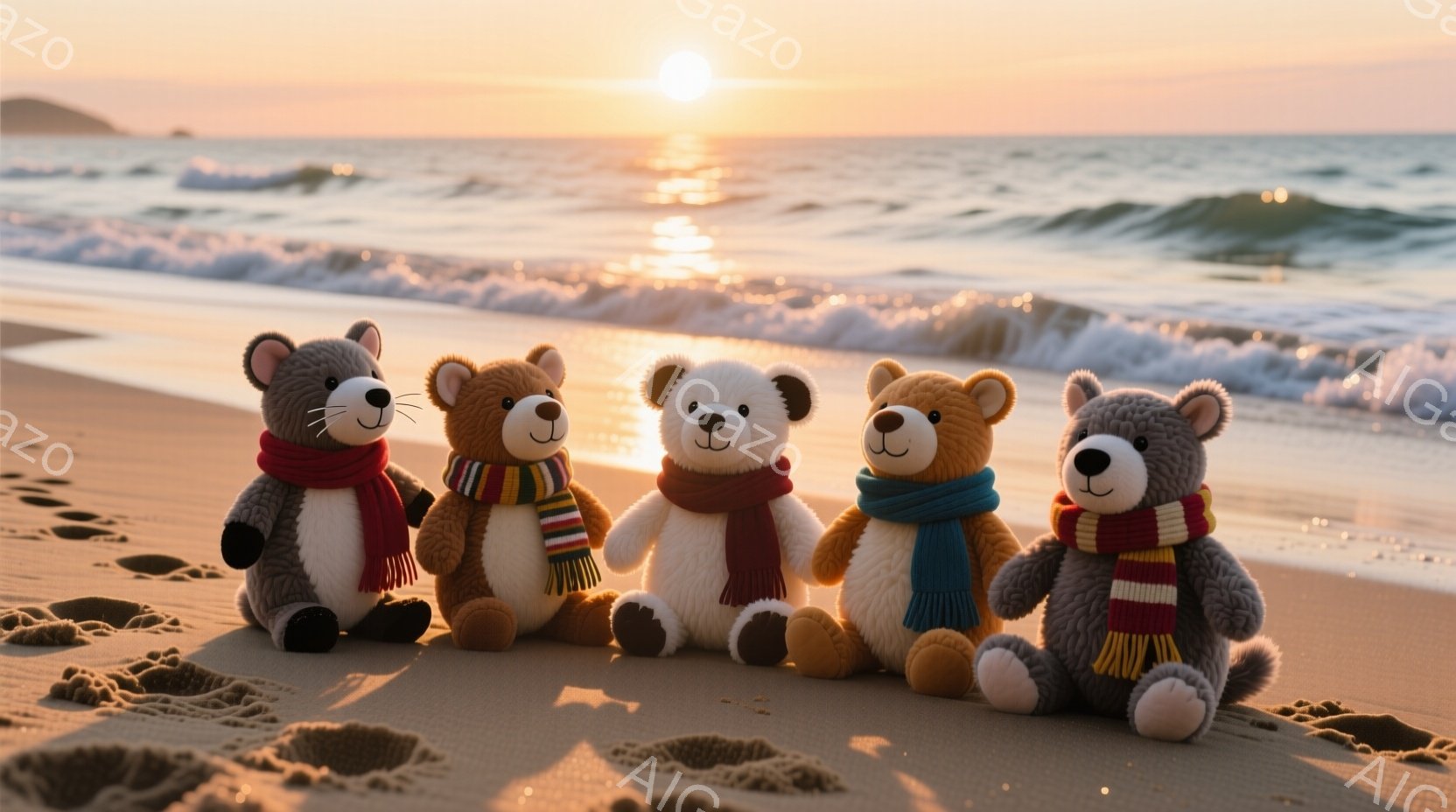 砂浜に並んだ五匹のテディベアが写っています。それぞれ異なる色のストールを巻いており、表情は穏やかで可愛らしいです。背景には穏やかな波が打ち寄せ、夕焼けが空をオレンジ色に染めており、温かく優しい雰囲気が漂っています。