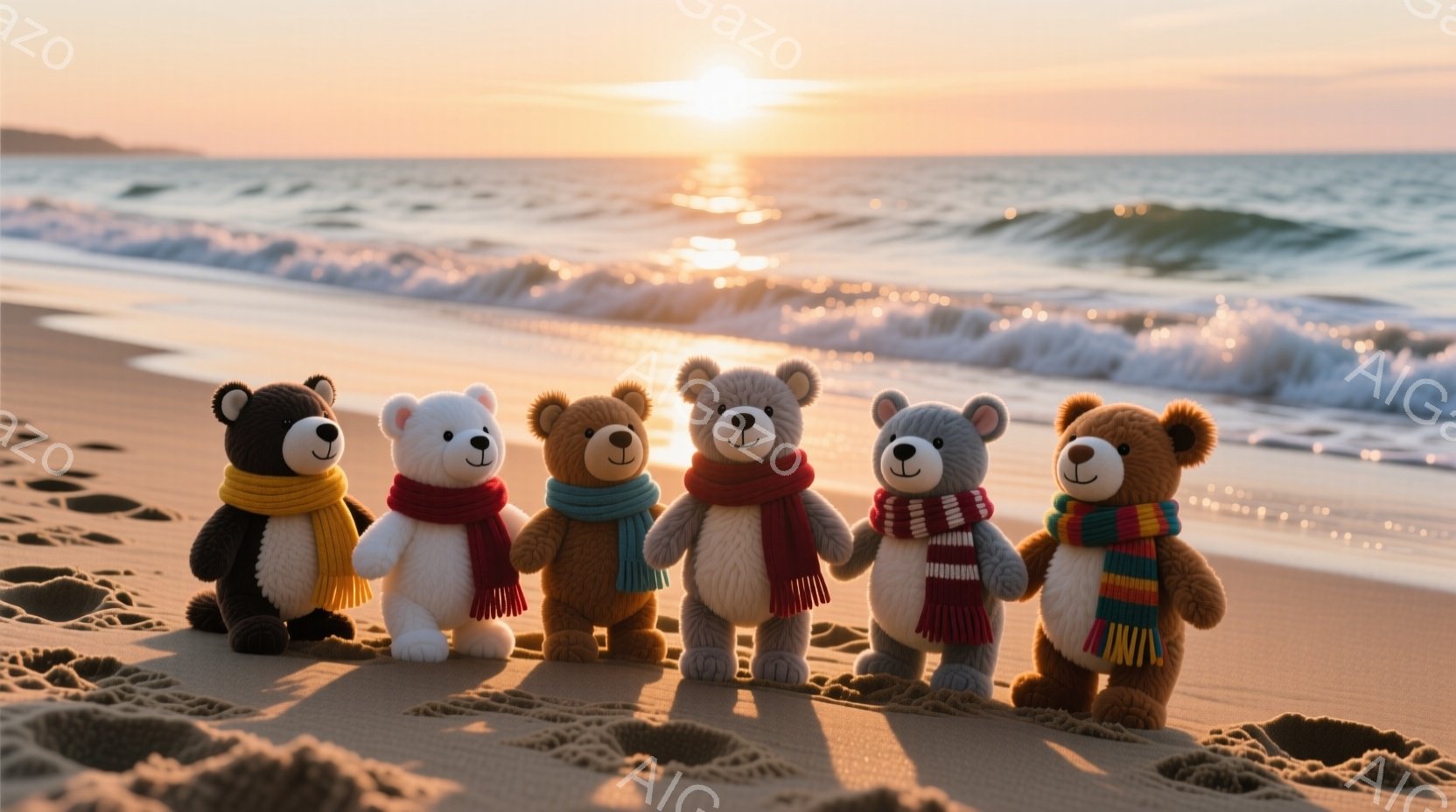 砂浜に並んだ、様々な色のマフラーを巻いたテディベアが６体写っています。ベアたちは皆同じ方向に顔を向け、手をつないで立っており、友好的で温かい雰囲気です。背景には穏やかな海と夕焼けが広がり、柔らかい光がベアたちを照らしています。