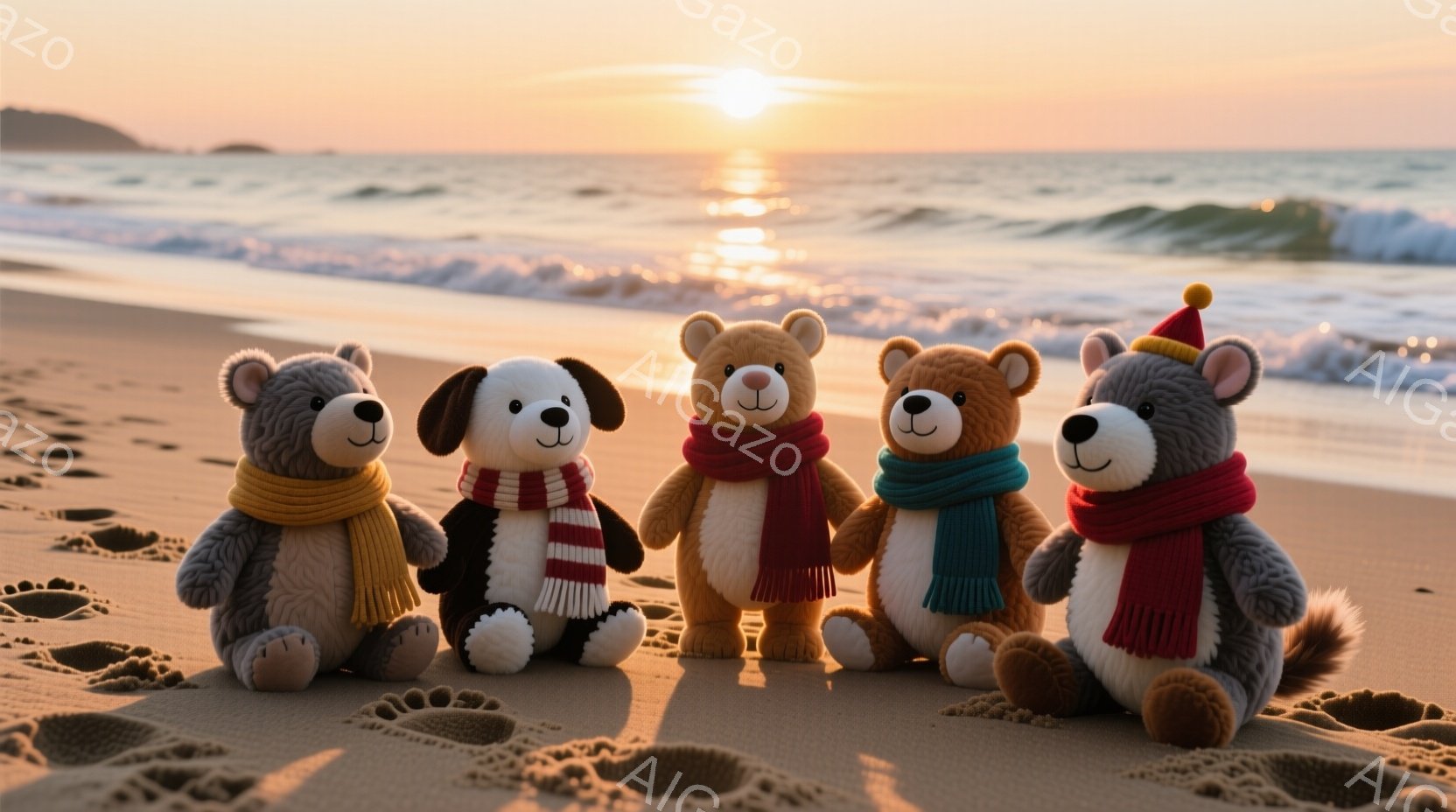 砂浜に並んだ、可愛らしいぬいぐるみたちが写っています。灰色のクマ、ダルメシアン、茶色のクマ、そして赤い帽子をかぶった灰色のクマは、それぞれ異なる色のマフラーを巻いており、足元には足跡が残っています。背景には穏やかな海と夕焼けが広がり、暖かく優しい雰囲気を醸し出しています。