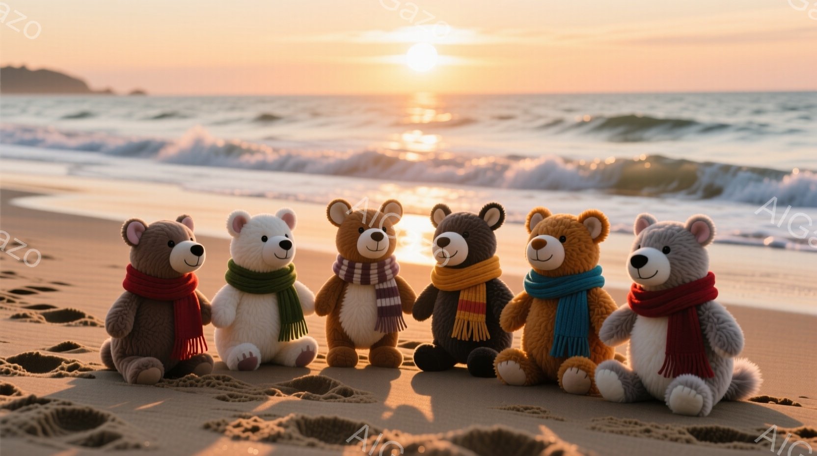 砂浜に5匹のテディベアが並んで座っています。それぞれ赤い、緑、紫と白のストライプ、オレンジ、青のカラフルなスカーフを巻いており、表情は穏やかです。背景には穏やかな海と、夕焼けのオレンジ色に輝く空が広が - AI生成フリー素材