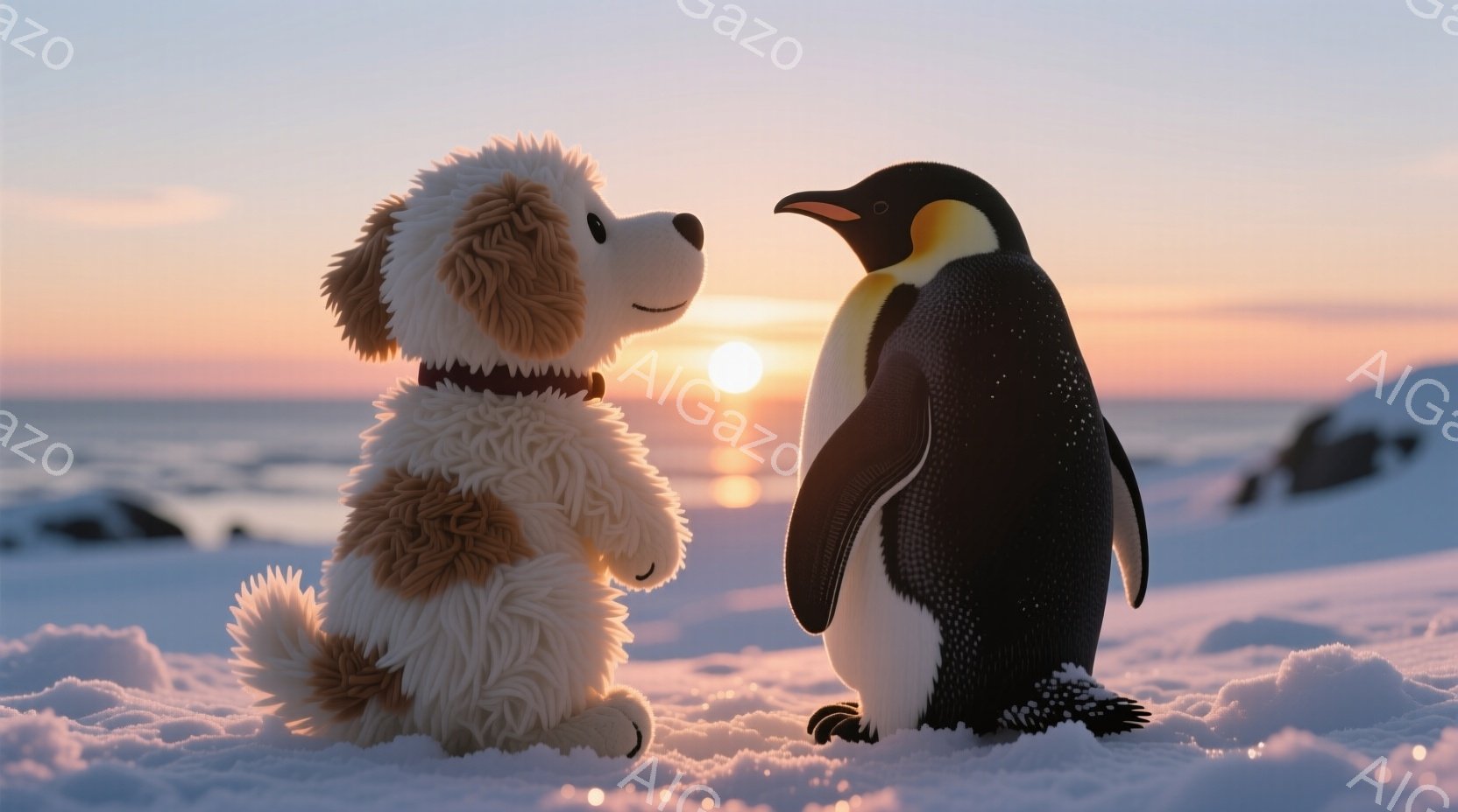 白い雪の上に、茶色と白の毛並みを持つ犬のぬいぐるみと、皇帝ペンギンのぬいぐるみが並んで立っています。背景には、オレンジ色とピンク色の美しい夕焼け空と海が広がり、穏やかで幻想的な雰囲気を醸し出しています。雪はわずかに降っており、二つのぬいぐるみは静かに夕焼けを眺めているようです。