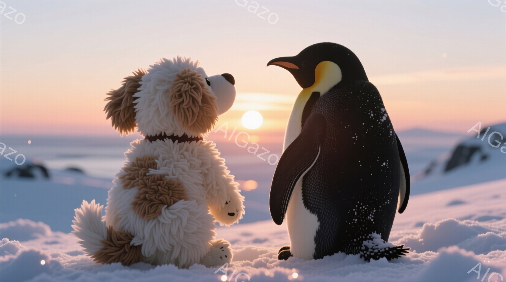 ふわふわの茶色と白の毛並みを持つ犬のぬいぐるみと、黒と白のペンギンが雪の上に並んで座っています。夕焼け空が背景に広がり、雪景色の中に温かいオレンジ色の光が差し込んでいます。全体的に穏やかで、心温まる雰囲気の画像です。