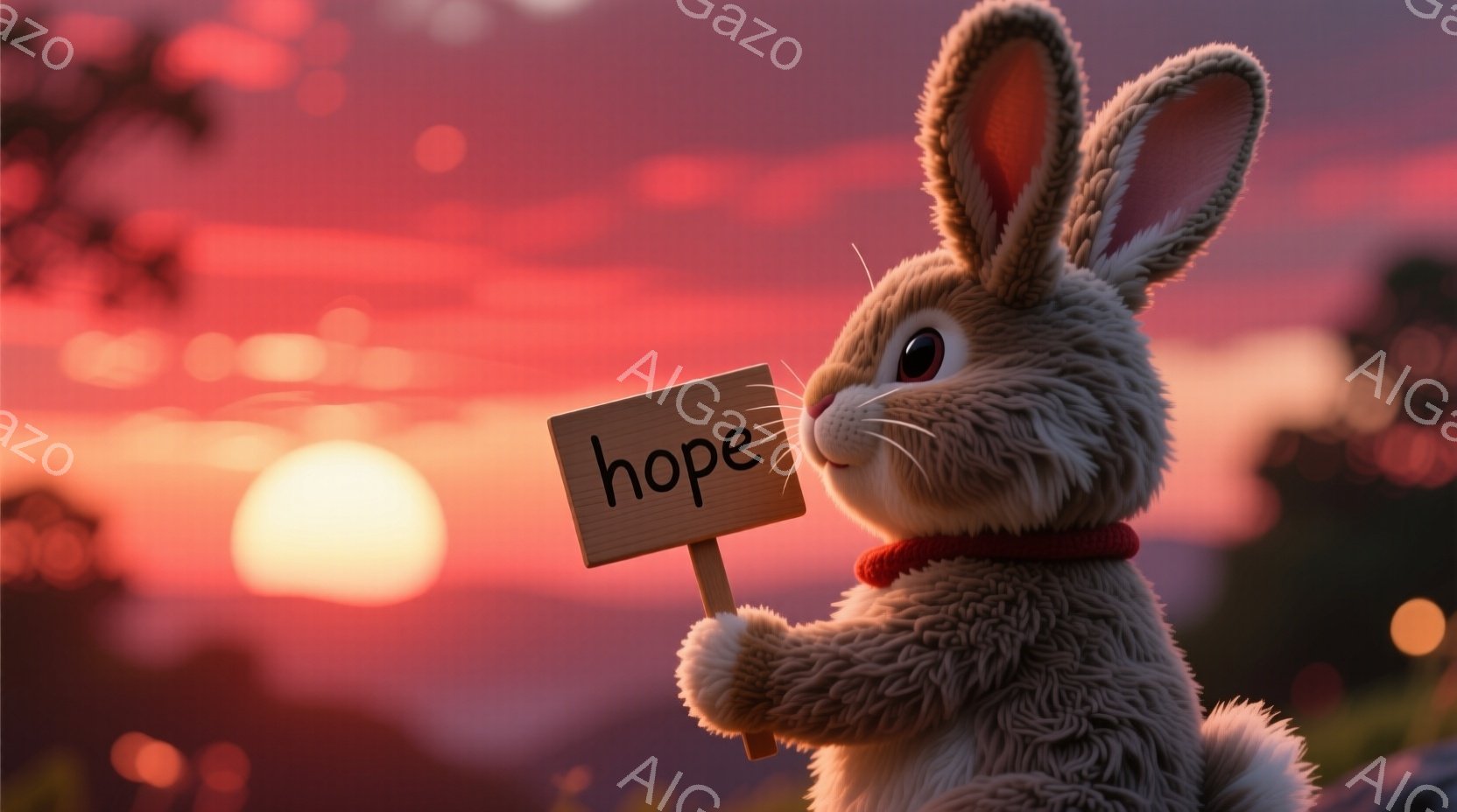 柔らかい毛並みの茶色いウサギが、小さな木の板を両手で掲げています。背景には夕焼けのような赤とオレンジ色のグラデーションが広がり、遠くにはぼんやりと山並みが望めます。ウサギは前を見据え、希望に満ちた穏や - AI生成フリー素材