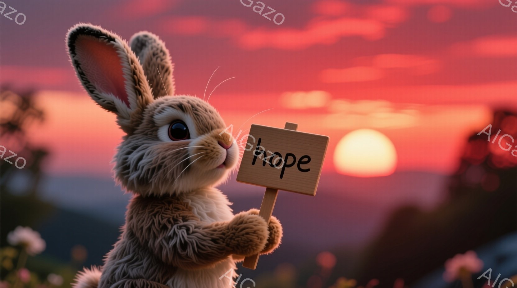 暖かく毛並みの良い茶色のウサギが、小さな木の板を両手で持っており、「hope」という文字が書かれています。ウサギは前方を少し見上げ、優しい表情を浮かべており、背景には夕焼けのような暖色系の空と、緑豊か - AI生成フリー素材