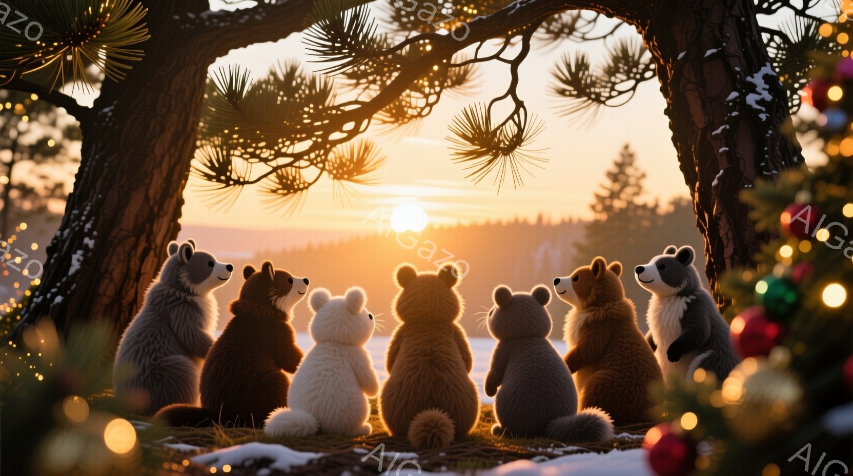 雪景色の中に、円形に座った７匹の子グマが描かれています。子グマたちはそれぞれ異なる毛色を持ち、後ろ姿で表情はわかりませんが、穏やかな雰囲気が伝わってきます。背景には夕焼けのようなオレンジ色の空が広がり - AI生成フリー素材