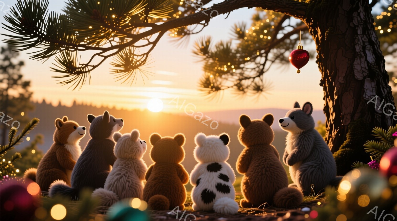暖炉のそばに座ってクリスマスツリーを見ているクマのグループが描かれています。様々な色のクマたちが寄り添い、穏やかな表情で暖かな光に包まれています。背景には夕焼けの美しい山々が広がり、クリスマスの装飾が雰囲気の温かさをさらに引き立てています。