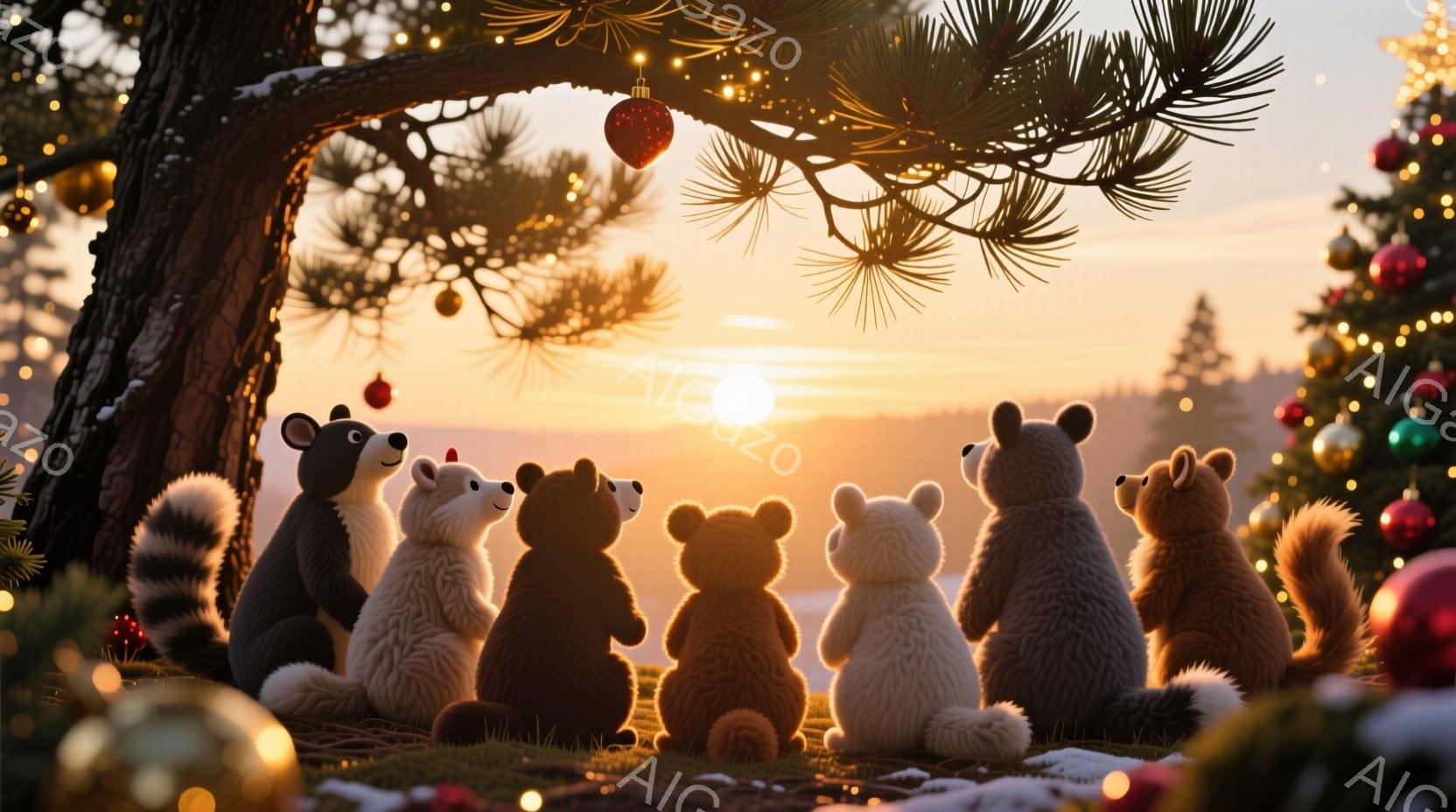 暖かく柔らかな光に照らされた森の中で、様々な種類の動物たちが円形に座り、夕焼けを見つめている。彼らは可愛らしい姿をしており、背景にはクリスマスの飾り付けがされた木があり、穏やかで幻想的な雰囲気を醸し出 - AI生成フリー素材