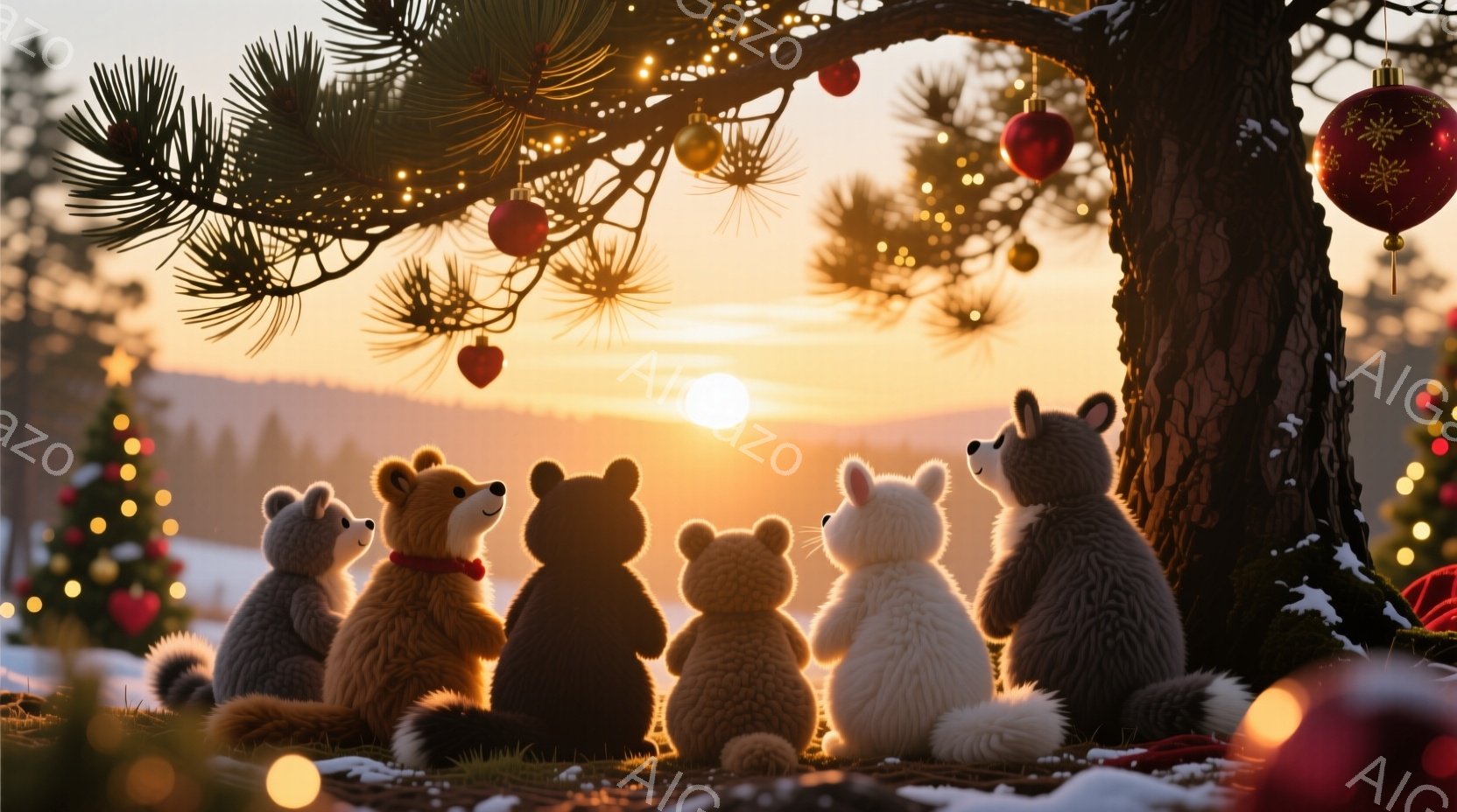 雪景色の中に、可愛らしい動物たちが円になって座っている様子が描かれています。彼らはそれぞれふわふわとした毛並みで、冬の寒さをしのぐような厚手の毛皮のようなものを身につけています。背景にはクリスマスの飾り付けがされたクリスマスツリーがあり、夕焼け空が暖かく、温かい雰囲気を醸し出しています。