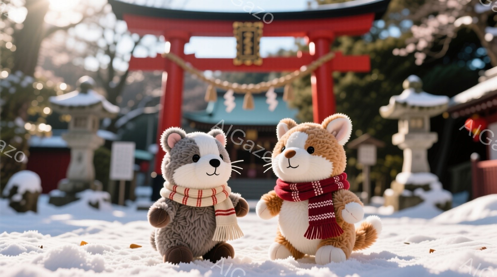 雪が降る中で、２匹の可愛い犬のぬいぐるみが並んで立っています。どちらも赤いストールを巻いており、茶色と灰色の毛並みが特徴的です。背景には、雪化粧された赤い鳥居と石灯籠が見え、静かで冬の雰囲気を感じさせます。