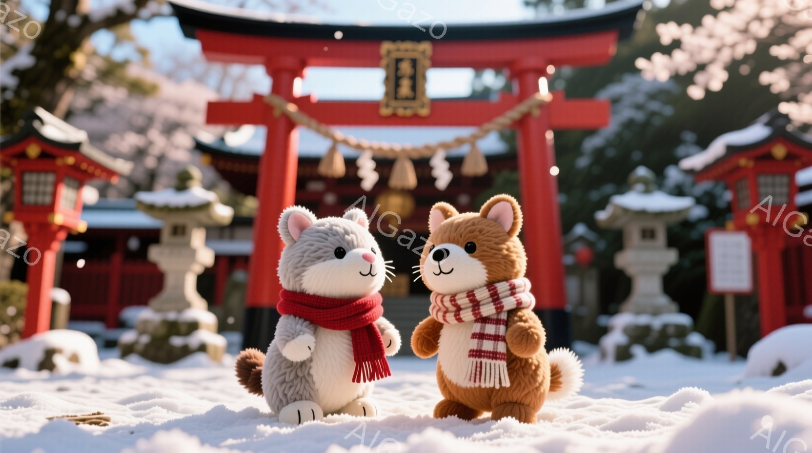 雪景色の中に、灰色の毛並みのうさぎと茶色の毛並みの犬のぬいぐるみが並んで立っています。二匹とも赤いマフラーを巻いており、雪の上で可愛らしい姿を見せています。背景には赤い鳥居と石灯籠があり、冬の静かな神社を思わせる雰囲気です。