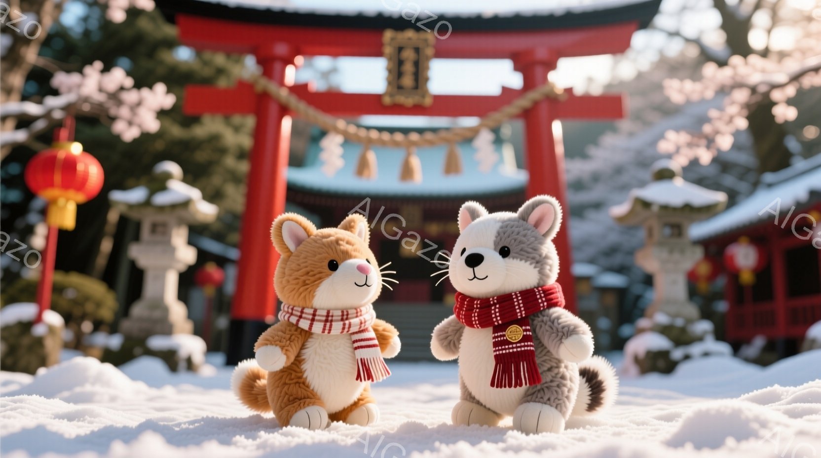 ふわふわの猫のぬいぐるみが2匹、雪景色の中で寄り添っています。オレンジ色の猫は明るい表情で、灰色の猫は少し控えめな表情をしています。背景には赤い鳥居、提灯、雪に覆われた木々が見え、静かで穏やかな冬の雰囲気が漂っています。