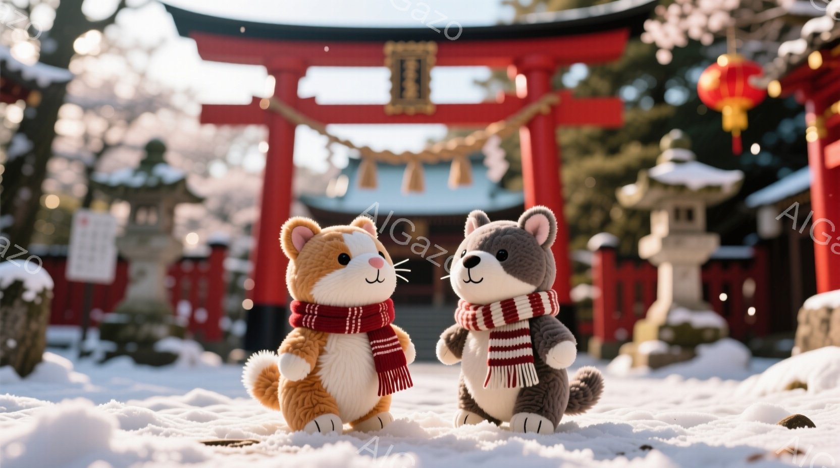 ２匹のぬいぐるみ犬が雪景色の中で並んで立っています。茶色とグレーの犬はそれぞれ赤い縞模様のスカーフを巻いており、正面を見つめて穏やかな表情をしています。背景には赤い鳥居、石灯籠、そして雪が積もった木々が見え、静かで穏やかな冬の日の雰囲気を醸し出しています。