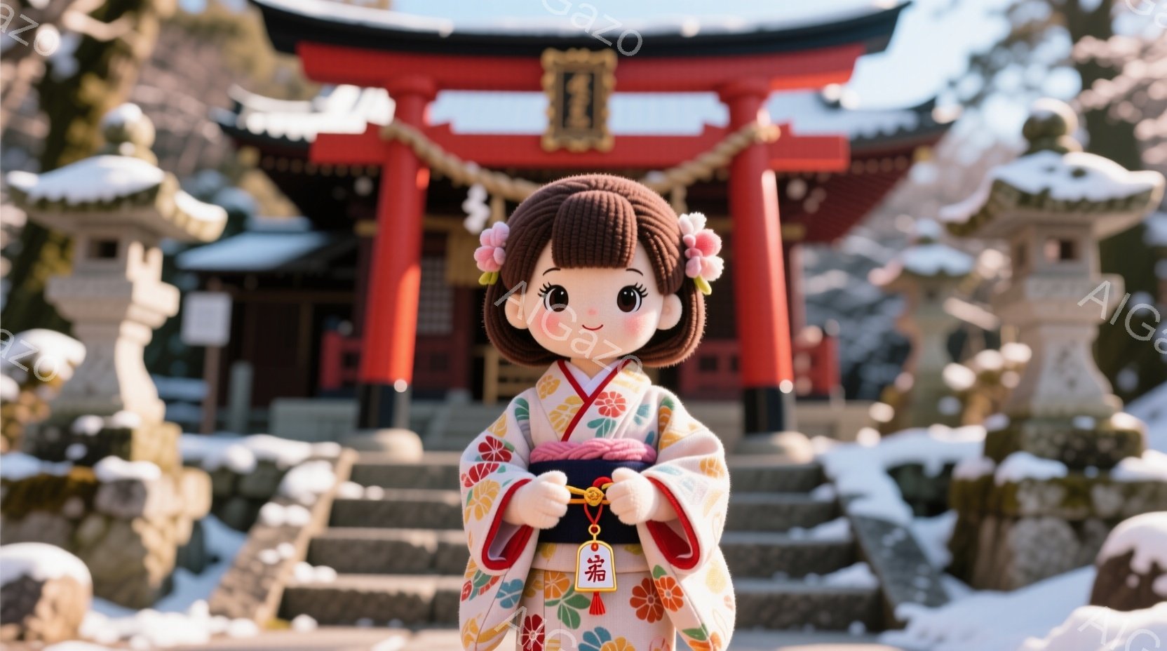 可愛らしい人形が、鮮やかな着物を身につけ、雪景色の中に立っている。着物には黄色、ピンク、緑の花柄が描かれており、赤い房のついた髪飾りをつけている。背景には、雪を被った石灯籠や赤い鳥居が見え、厳かな冬の - AI生成フリー素材