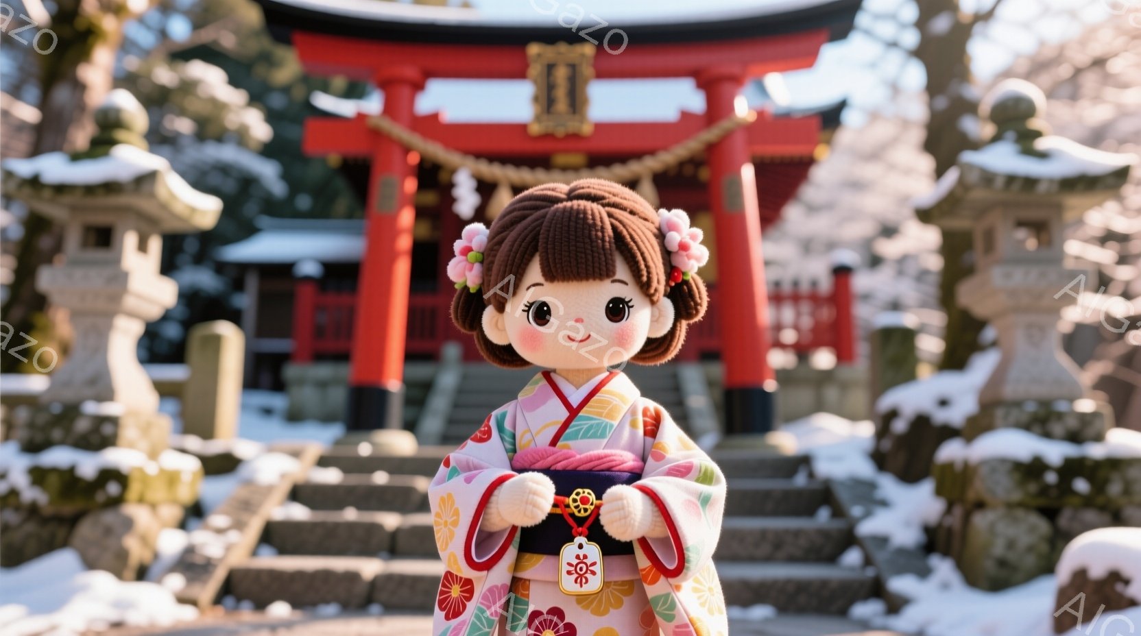 少女のような人形が、鮮やかなピンクとクリーム色の着物を着て、雪景色の中に立っています。人形は黒髪を頭の上でまとめ、つぶらな瞳と穏やかな表情をしています。背景には、雪をかぶった鳥居と石灯籠があり、静かで - AI生成フリー素材