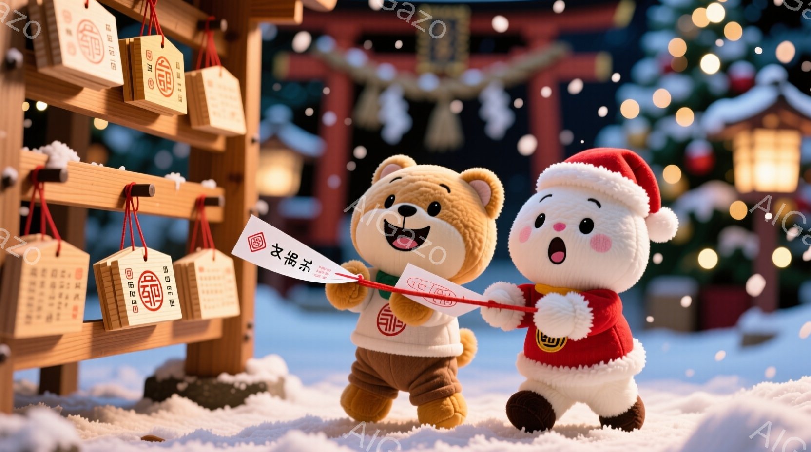 ふわふわのクマのキャラクターが二人、日本の伝統的なお寺または神社の背景で、おみくじを手にしています。一匹は赤い衣装を着て、もう一匹はベージュの衣装を着ており、どちらも可愛らしい表情をしています。背景には雪が降り積もり、提灯や建物がぼんやりと見え、冬の穏やかなお祭りの雰囲気を醸し出しています。