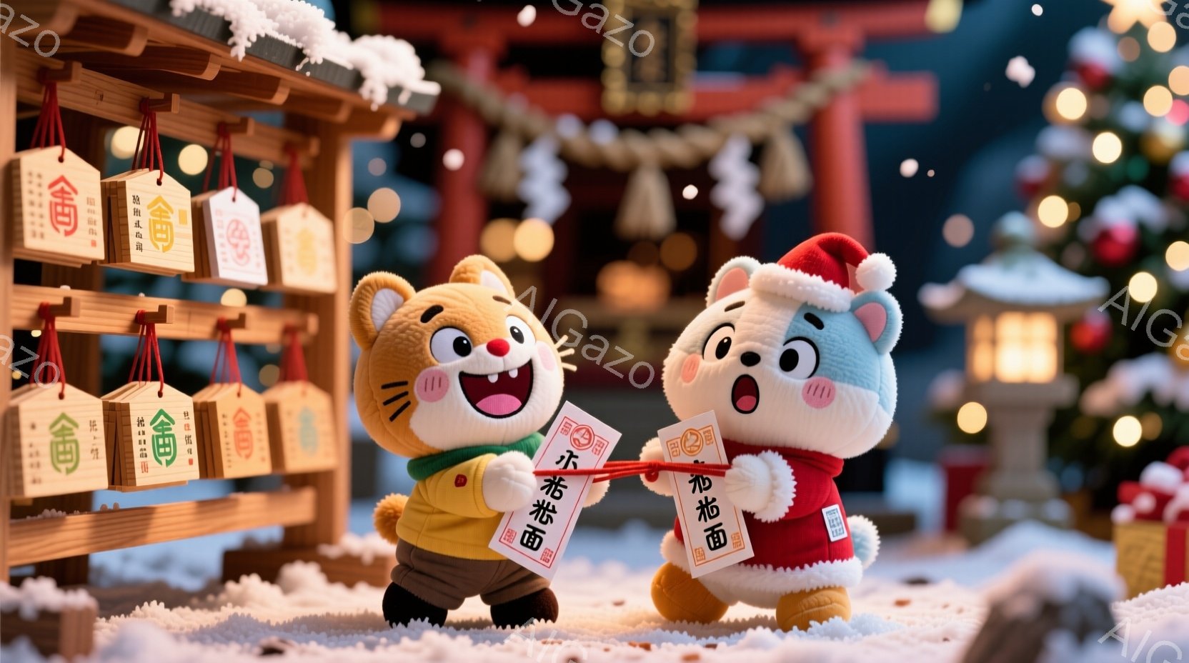 可愛らしい動物のキャラクターが二人、雪景色の中で祭りの提灯のようなお守りを掲げて立っています。片方はオレンジ色の着物と帽子を身に着け、もう片方は白い帽子と赤いマフラーを巻いており、どちらも満面の笑顔を浮かべています。背景には、雪に覆われた参道と灯籠、そしてぼんやりと見える神社の建物があり、冬の祭りの温かく賑やかな雰囲気を醸し出しています。