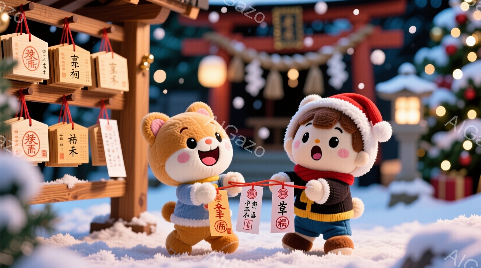 ふわふわとしたぬいぐるみのような二人の子供が、雪景色の中に立っています。彼らはそれぞれ赤いちゃんちゃんこを着て、赤い飾り紐に結び付けられた絵馬を持っています。背景には日本の神社が見え、雪が降り積もる冬の穏やかな雰囲気が漂っています。
