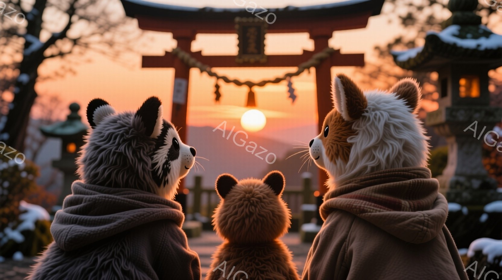 夕焼けを背景に、動物の着ぐるみを着た三人が並んで立っている。彼らは皆、フード付きのコートを着ており、後ろ姿のみが見える。背景には鳥居と寺院が見え、雪が降っている様子から冬の寒い日が伺える。 - AI生成フリー素材