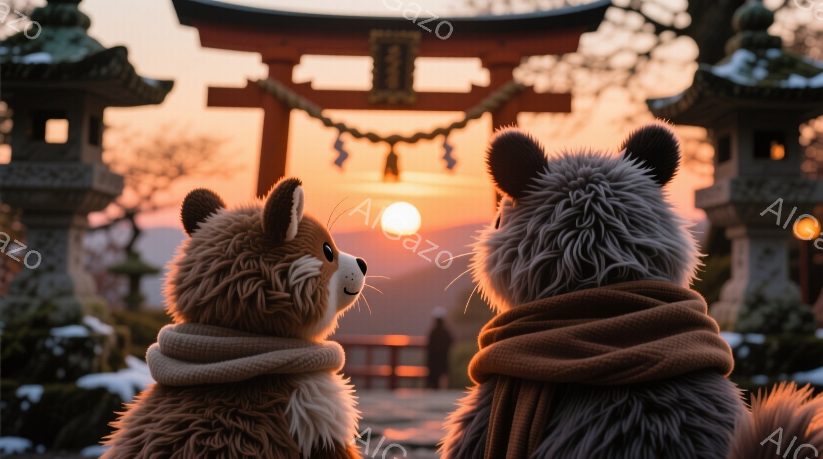 2匹の動物の着ぐるみが、夕焼けを背景にした鳥居の前で寄り添って立っています。どちらも茶色いスカーフを首に巻き、後ろ姿だけが見えるため、表情はわかりません。背景には、日本の伝統的な鳥居と石灯籠、そして空には美しい夕焼けが広がっており、穏やかで幻想的な雰囲気を醸し出しています。