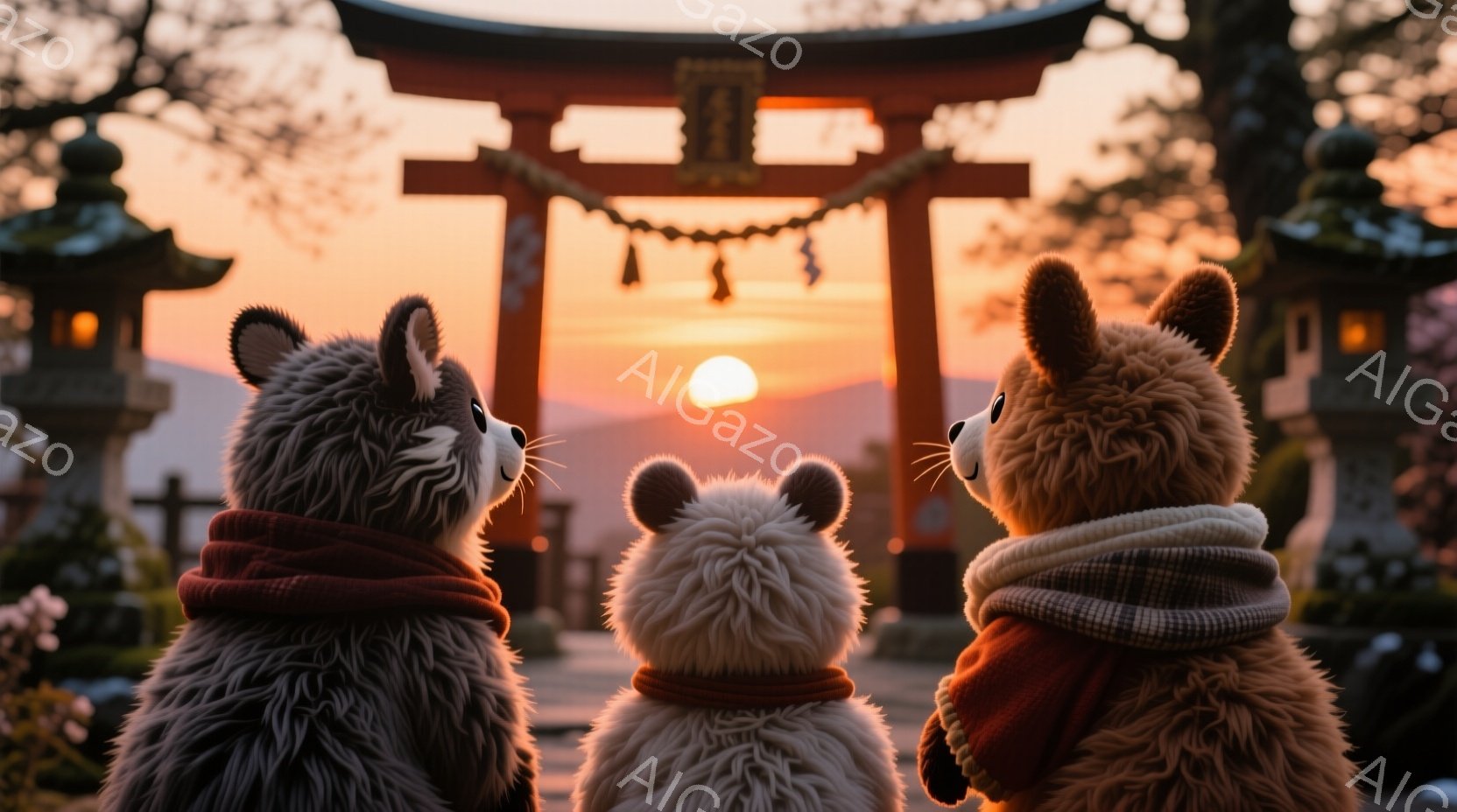 三匹の動物の着ぐるみが、夕焼けを背景にした鳥居の前で並んで立っています。 それぞれ赤いスカーフのようなものを首に巻いており、後ろ姿からは表情は読み取れませんが、夕焼けと鳥居を見つめている様子が想像できます。 背景には緑の木々や石灯籠が見え、穏やかで幻想的な雰囲気が漂っています。