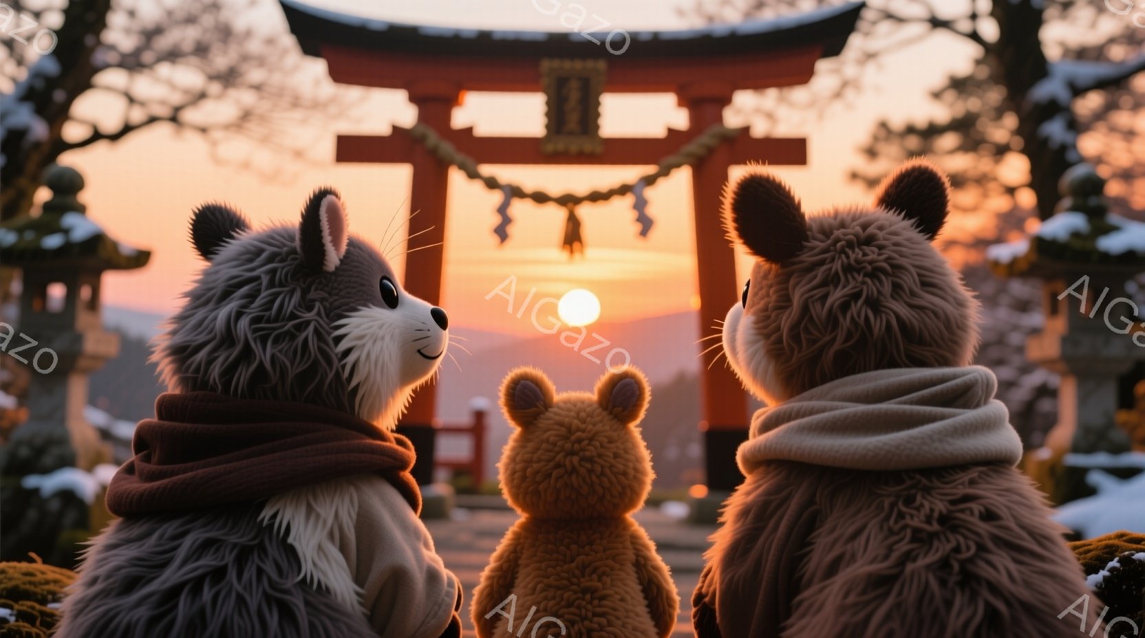 三つの動物の着ぐるみが、夕焼けを背景にした鳥居の前に立っている。それぞれベージュ、茶色、黒のふわふわした衣装を着ており、正面の動物は小さく、他の二つに挟まれている。背景には、シルエットになった建物と木々、そして空には沈みゆく太陽が見え、全体的に暖かく穏やかな雰囲気である。