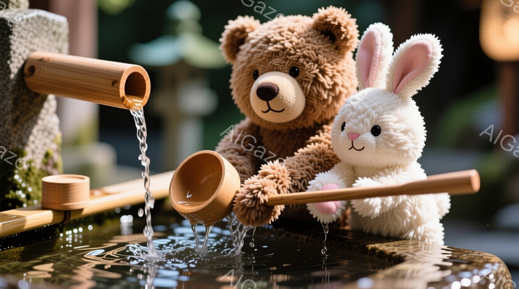 ぬいぐるみである熊とウサギが、寺院または神社の手水舎で水を汲んでいる様子が写っている。熊は茶色でフワフワした毛並みで、ウサギは白く、ピンクの耳が特徴的である。背景には苔むした石造りの構造物があり、水は - AI生成フリー素材
