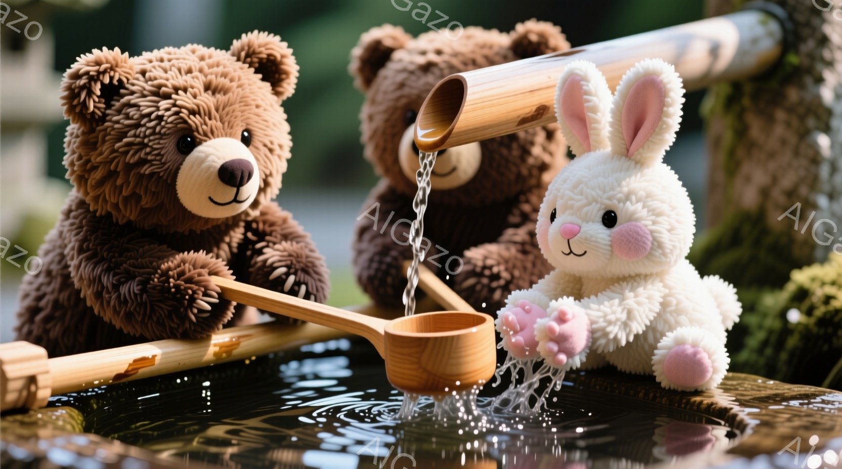 ふわふわの茶色の熊のぬいぐるみと白いウサギのぬいぐるみが、竹で作られた水場で水をすくっています。熊は少し横を向き、ウサギは水の流れに顔を向けて、可愛らしい表情をしています。背景には緑豊かな自然が広がり - AI生成フリー素材