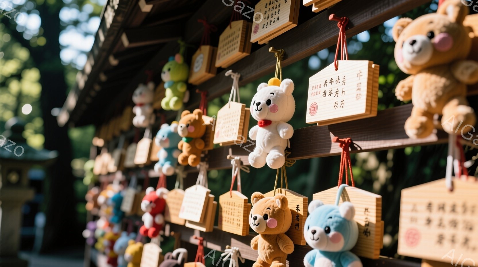 神社の境内にある奉納台に、可愛らしい熊のぬいぐるみがたくさん吊るされています。それぞれのぬいぐるみは色とりどりの服を着ており、木製の奉納板（エマ）と共に、希望や願いが込められている様子が伺えます。背景には緑豊かな木々が見え、静かで穏やかな雰囲気が漂っています。