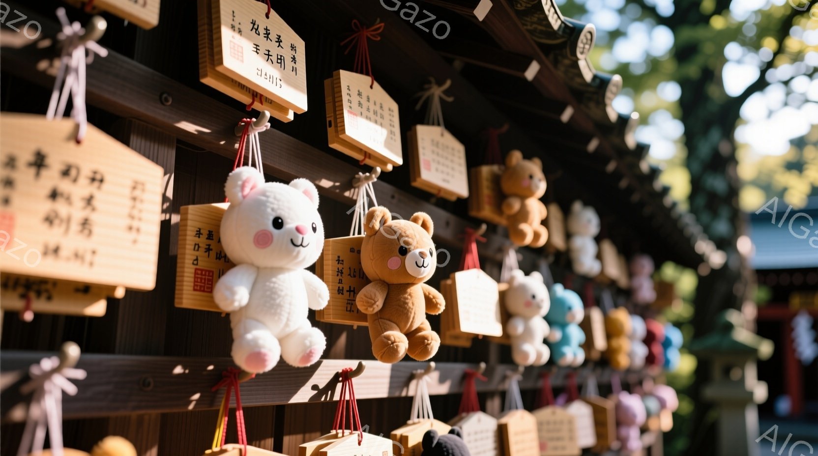 神社の壁に、たくさんの絵馬が吊るされており、その中に様々な色の可愛いぬいぐるみたちが並んでいる。白と茶色のクマのぬいぐるみは、絵馬の間に挟まって、こちらを見ているように見える。背景には、木々の緑と朱色の建物が見え、静かで穏やかな雰囲気が漂っている。
