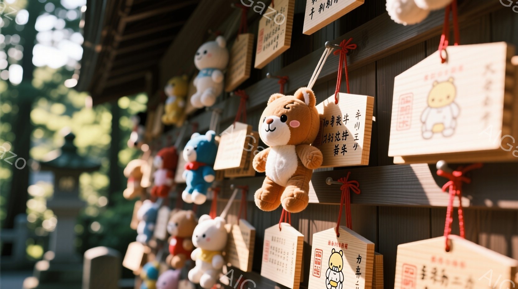 神社の壁に、様々な動物のぬいぐるみのお守りが吊るされています。茶色い熊、白いウサギ、青い犬など、可愛らしい表情をしたぬいぐるみは、赤い紐で結ばれた木製の奉納板に飾られています。背景には木製の壁と緑豊か - AI生成フリー素材