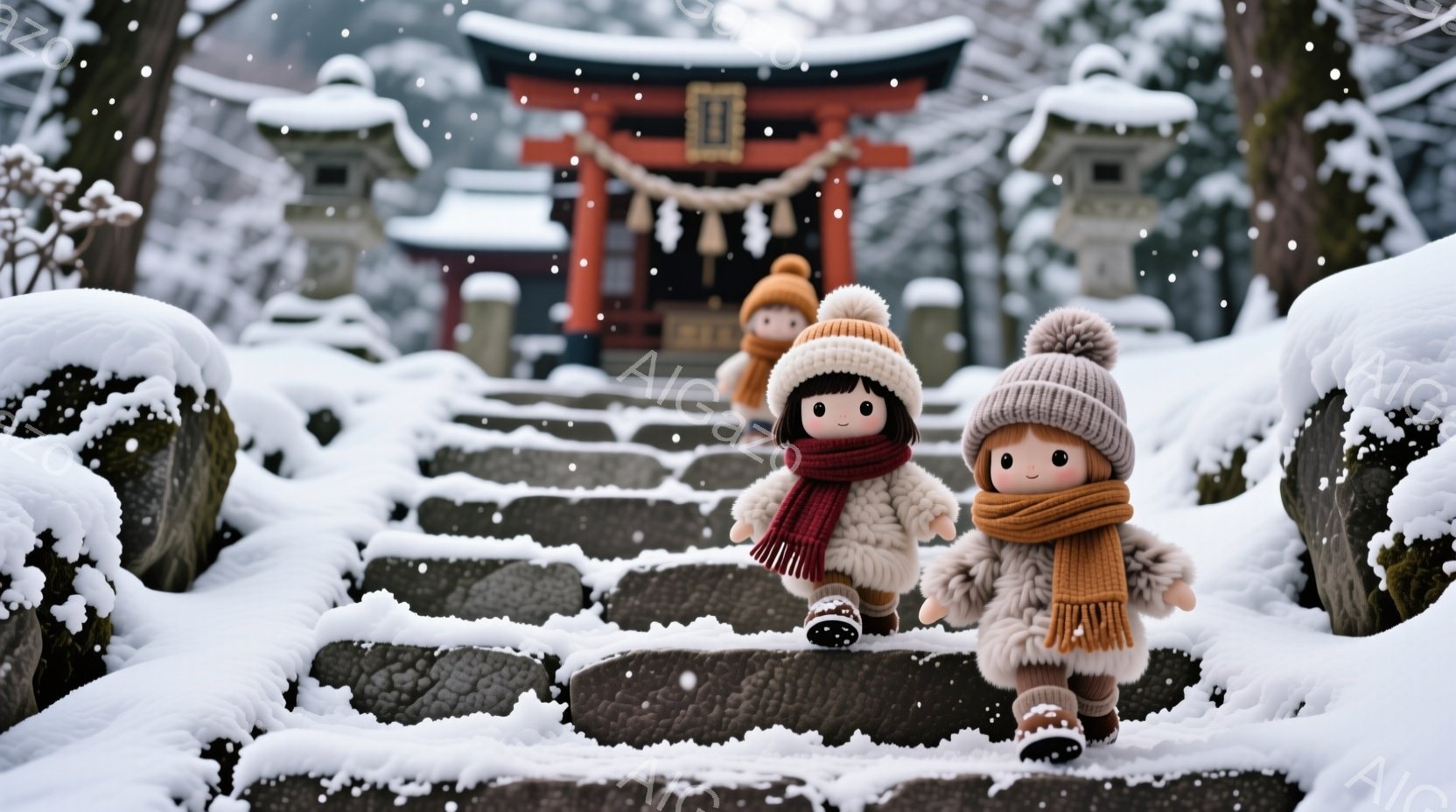 雪が降り積もる石段を、帽子とマフラーを巻いた二人の小さな女の子が歩いている。彼女たちは赤いセーターを着ており、顔はシンプルで表情がないが、可愛らしい雰囲気がある。背景には、雪化粧した鳥居と石灯籠が見え、冬の静かで幻想的な雰囲気を醸し出している。