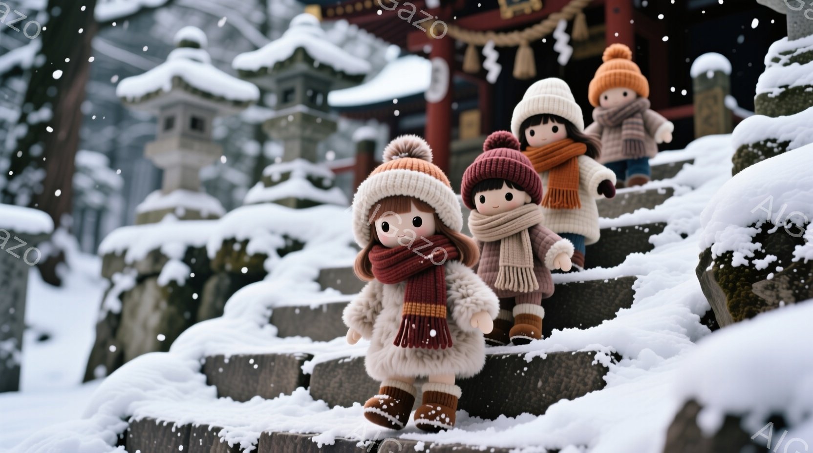 雪に覆われた寺院の石段に並んだ3体の人形が写っています。各人形は冬の暖かい服装で、毛皮のような襟付きのコート、ニット帽、スカーフを着用し、大きな瞳と控えめな表情をしています。背景には、雪化粧された寺院の建物と、降り積もる雪が確認でき、静かで穏やかな冬の雰囲気が漂っています。