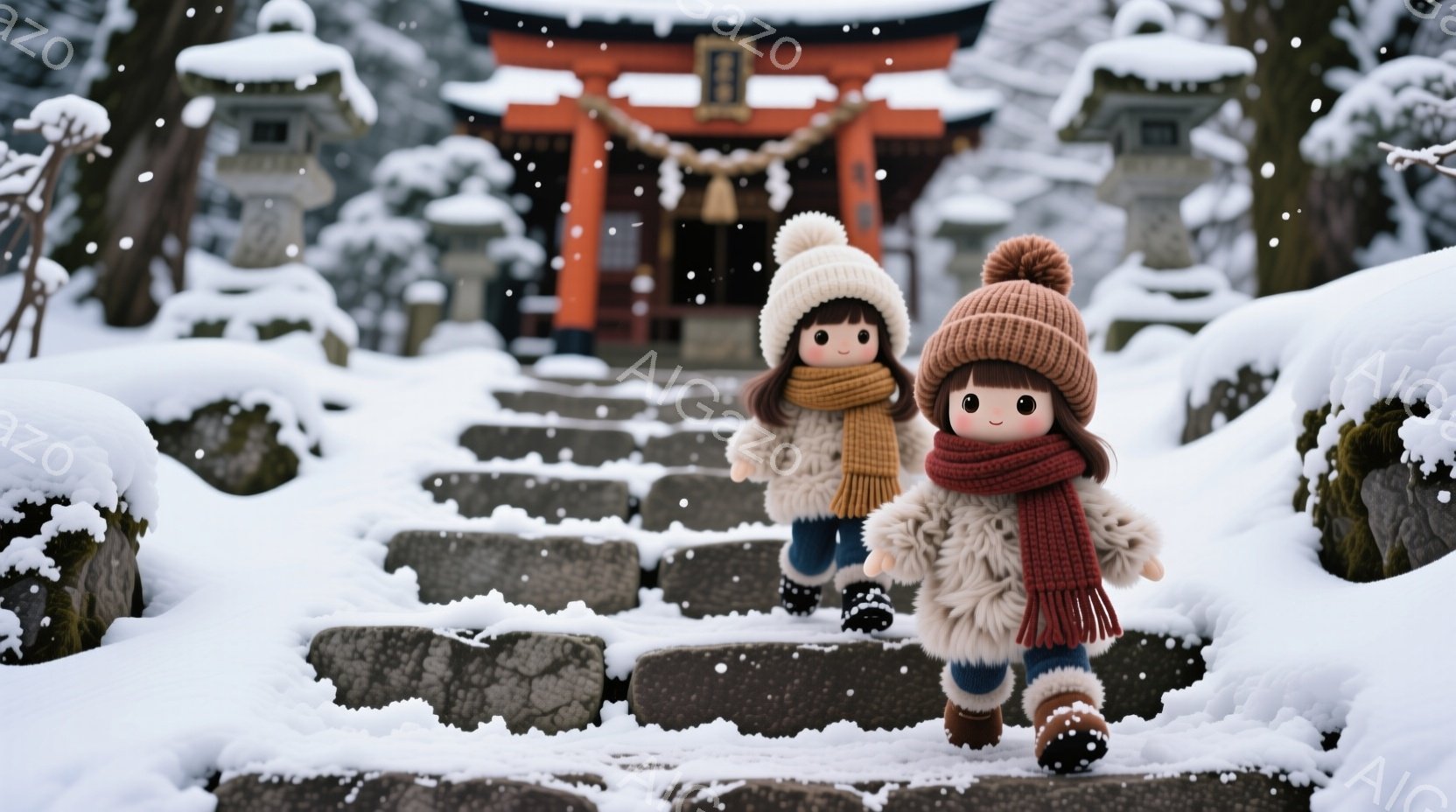 雪が降る中、二人の女の子が赤い鳥居へと続く石段を歩いている。女の子たちは、ふわふわのコートとマフラーを身につけ、頭にはポンポン付きのニット帽をかぶっている。背景には雪景色が広がり、日本の伝統的な建物が - AI生成フリー素材