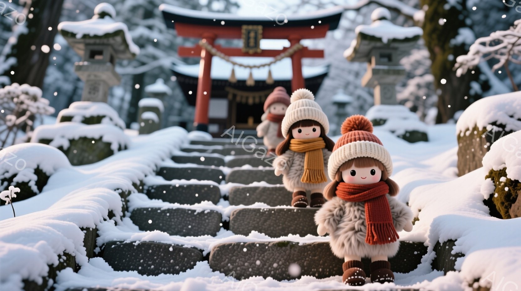 雪が降り積もる石段を、赤い帽子とマフラーを巻いた可愛らしい女の子たちが登っています。彼女たちは丸い顔でつぶらな瞳を持ち、冬の寒さにも負けないように厚着をしています。背景には、雪化粧した鳥居と石灯籠があ - AI生成フリー素材