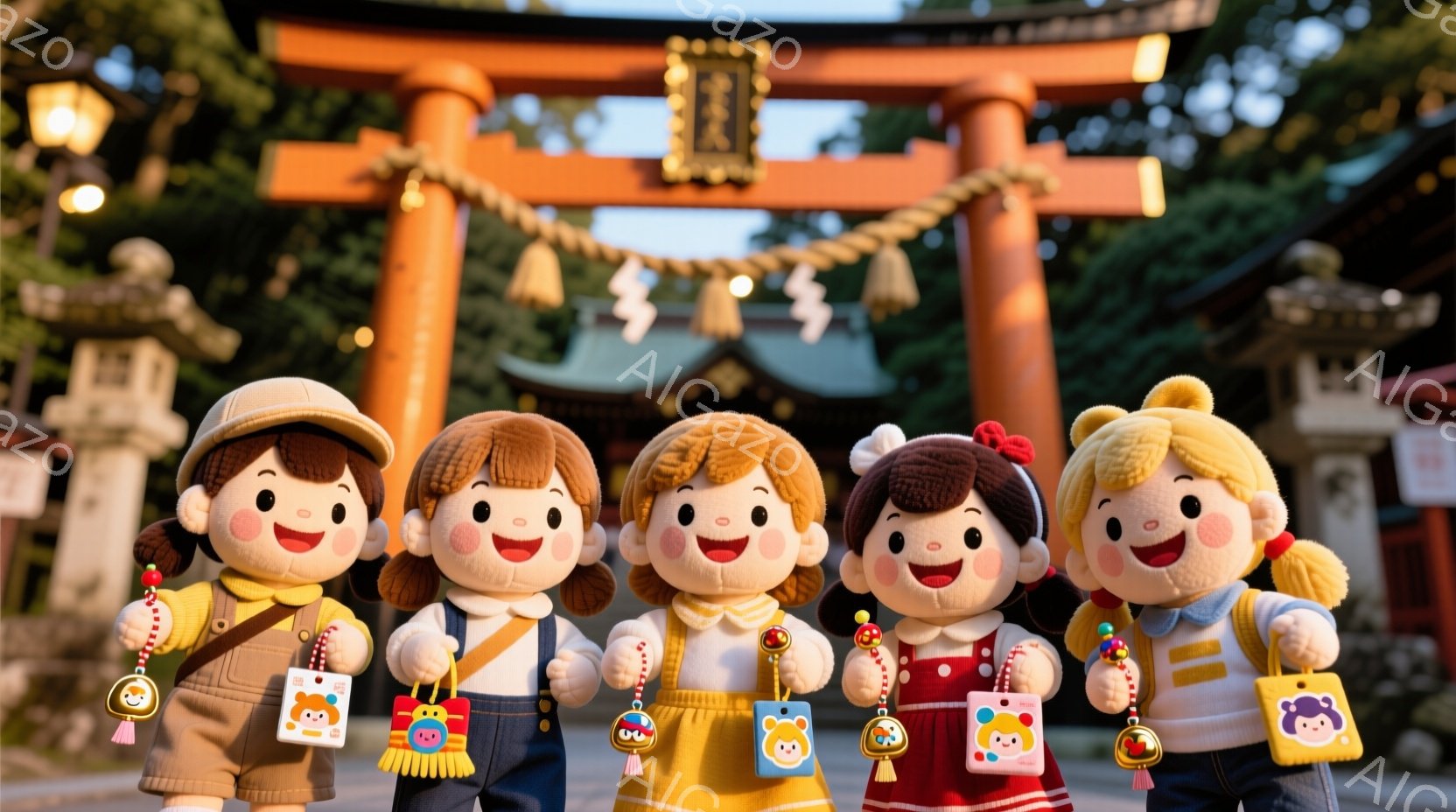 5体の可愛らしい人形が、鮮やかな朱色の鳥居の前で一列に並んでいます。人形たちはそれぞれ異なる色の髪型と服装をしており、胸には可愛らしいキャラクターが描かれたお守りを下げています。背景には伝統的な日本の - AI生成フリー素材