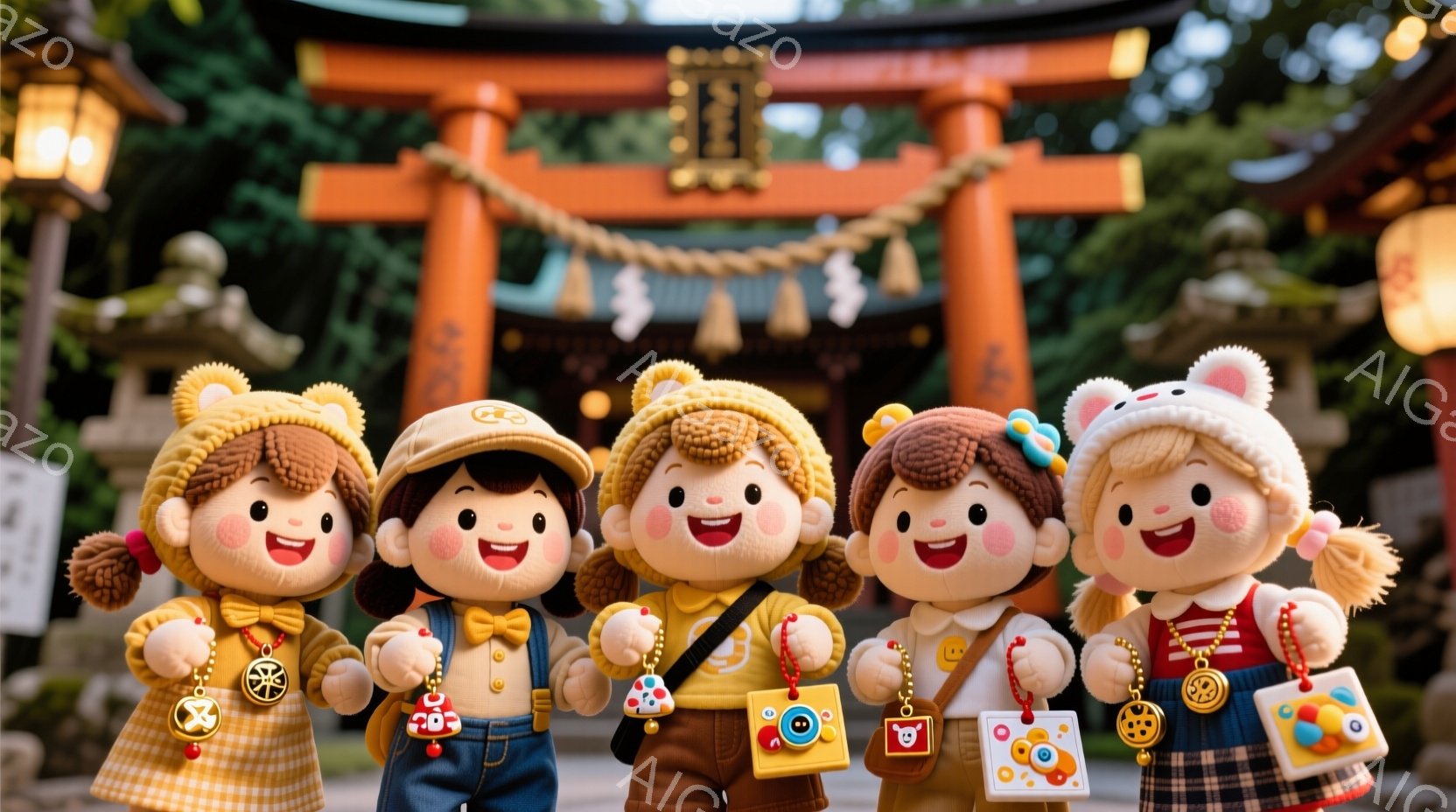 日本の神社を背景に、可愛らしい人形が5体並んでいます。人形たちは皆、カラフルな服装で、それぞれ異なるアクセサリーやバッグを持っています。背景には鮮やかな朱色の鳥居と緑豊かな自然が広がり、温かく穏やかな雰囲気を醸し出しています。