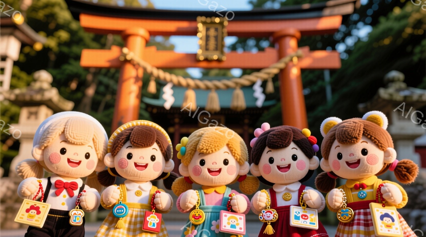 日本の神社の前に並んだ5体の可愛らしいぬいぐるみがあります。各ぬいぐるみは異なる髪の色と服装で、それぞれお祝いの飾りを身につけており、顔は皆笑顔で、手を前に伸ばして楽しそうな雰囲気です。背景には、鮮やかな朱色の鳥居と緑豊かな木々が見え、晴天の下、お祭りのような賑やかな空気が漂っています。