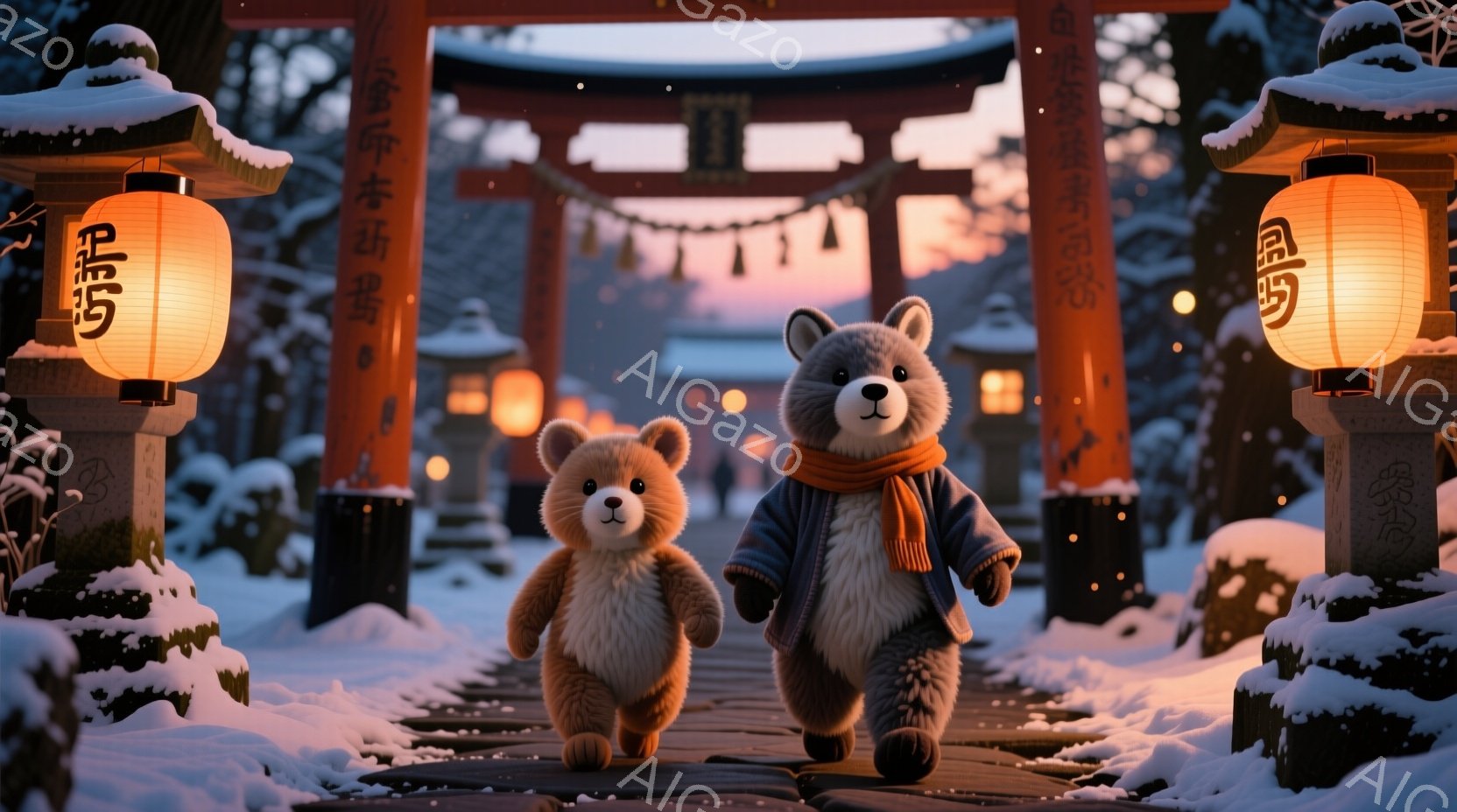 雪景色の中に、可愛らしい熊の親子が描かれている。親熊は濃い青色のコートとオレンジ色のマフラーを身に着け、子熊は同じ色のマフラーを巻いている。背景には雪化粧した鳥居と提灯があり、冬の穏やかな雰囲気を醸し出している。