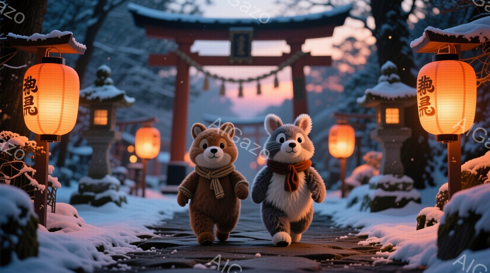 雪景色の中に、可愛らしい熊とパンダのキャラクターが並んで歩いている。二匹はそれぞれスカーフとベストを身につけ、楽しそうな表情をしている。背景には雪に覆われた参道と鳥居、そして灯篭が並び、幻想的で温かい雰囲気を醸し出している。