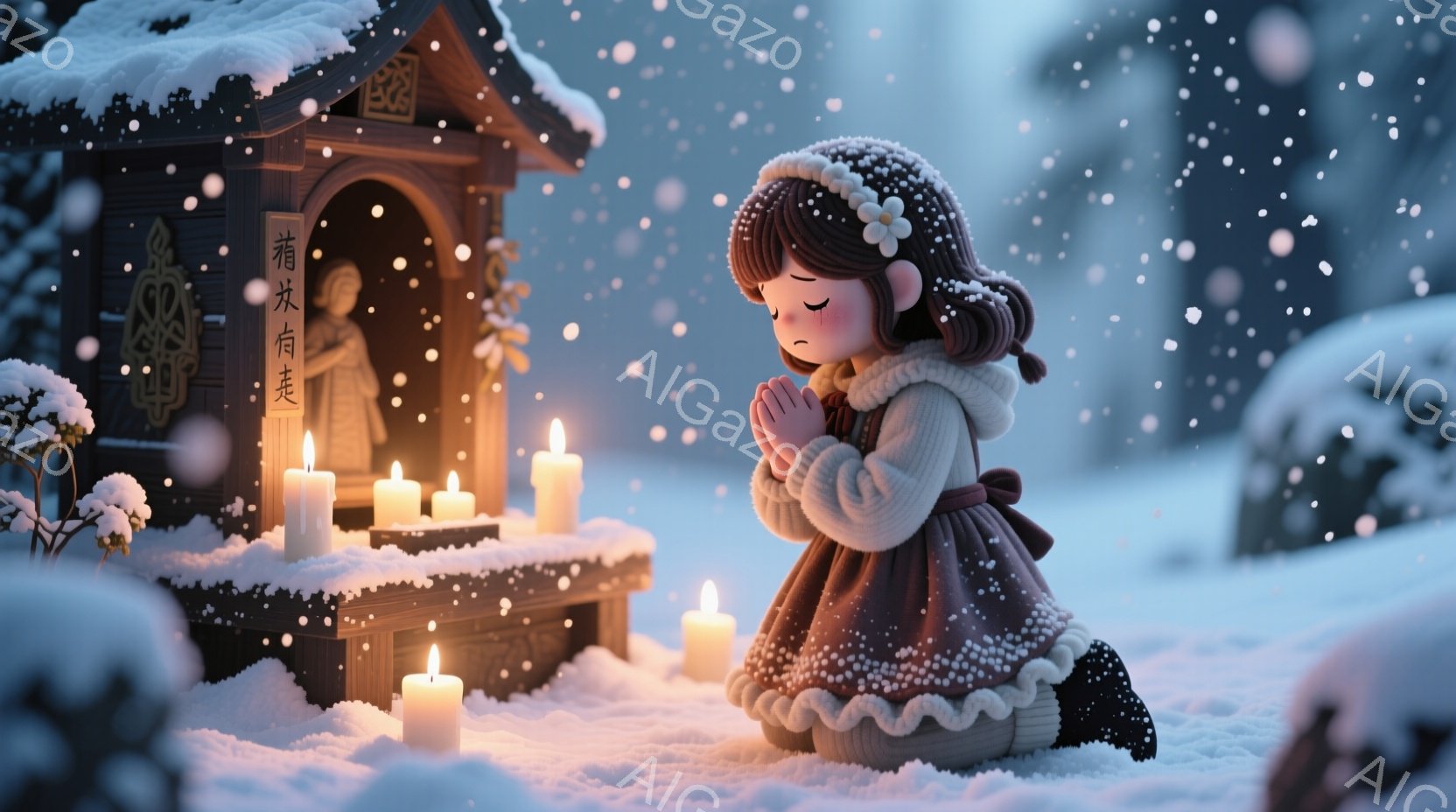 雪が降り積もる中、少女が小さな祭壇の前で祈っています。少女は暖かそうな赤いコートと白い襟のついたドレスを着ており、茶色の髪はカールして片側にまとめられています。祭壇の周りには灯されたロウソクが並び、背 - AI生成フリー素材