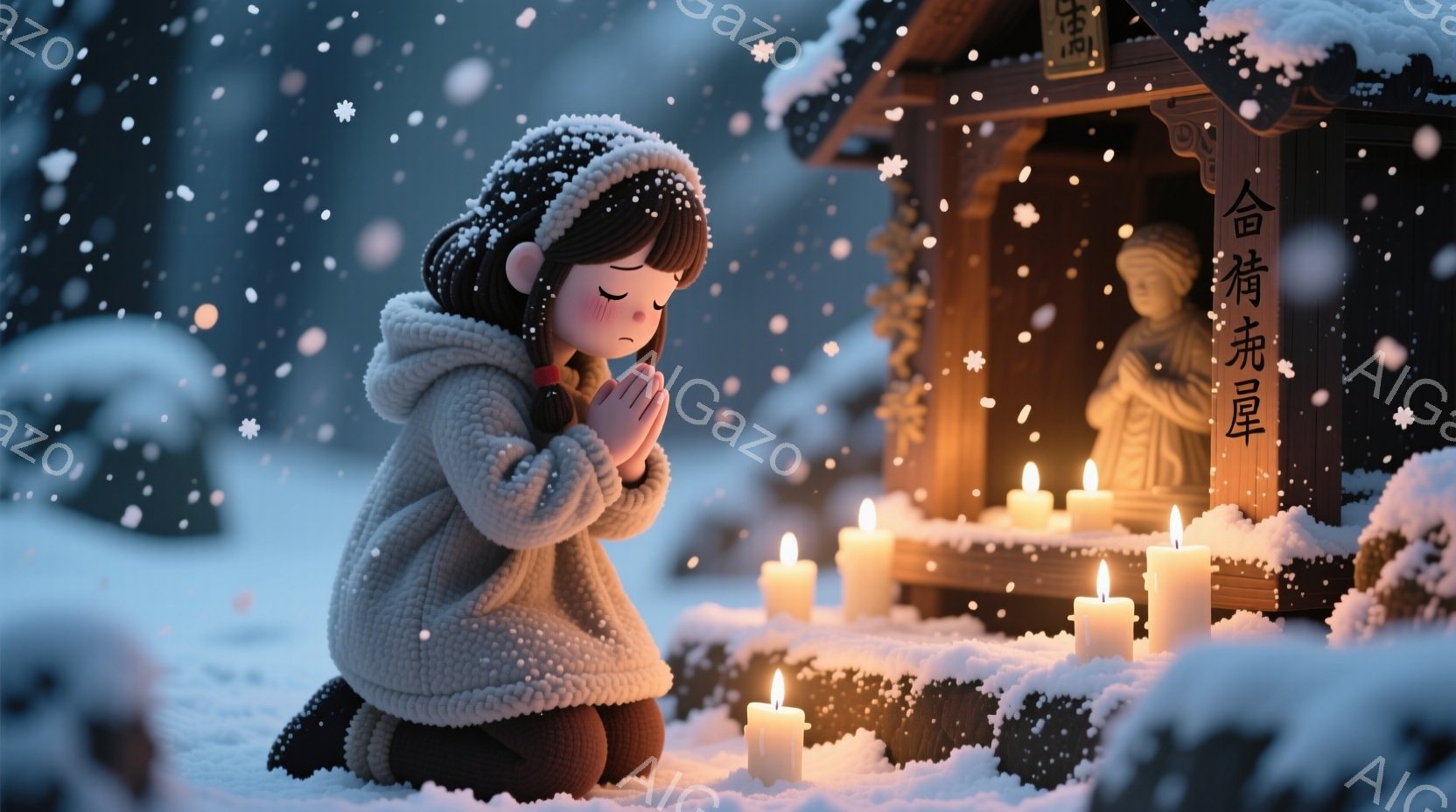 雪が降り積もる中、ニット帽と厚手のセーターを着た少女が、雪に覆われた小さな祠の前で祈っています。彼女は目を閉じ、両手を合わせて敬虔な表情を浮かべており、背景には雪景色と暖かい光を放つ蝋燭が並んでいます - AI生成フリー素材