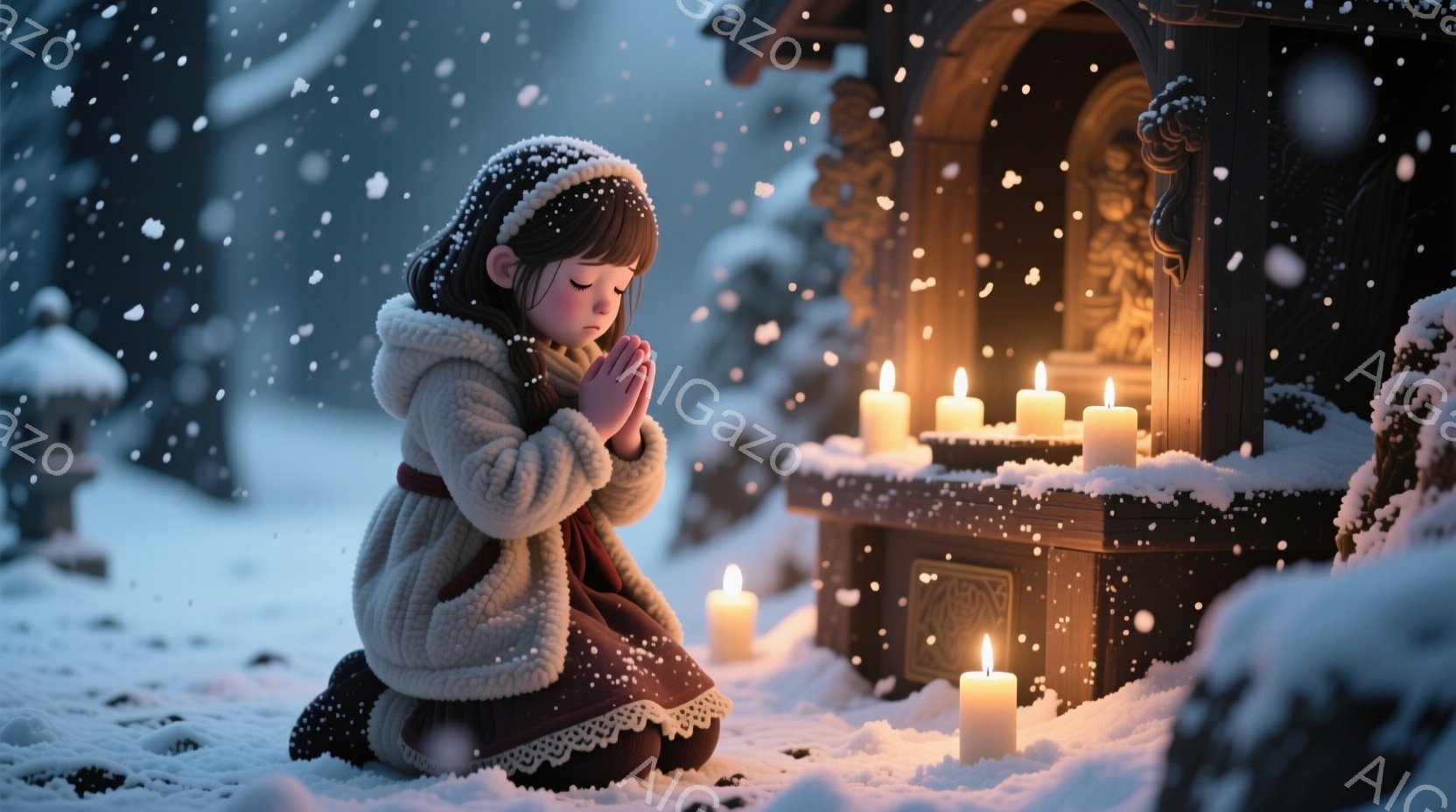 雪が降る中、少女が小さな祭壇の前で祈っています。彼女は白いファー付きのコートと赤いドレスを着ており、髪はカールしてヘッドバンドで飾られています。背景には、雪に覆われた墓地と、薄暗い光を放つ祭壇がぼんやりと見えます。