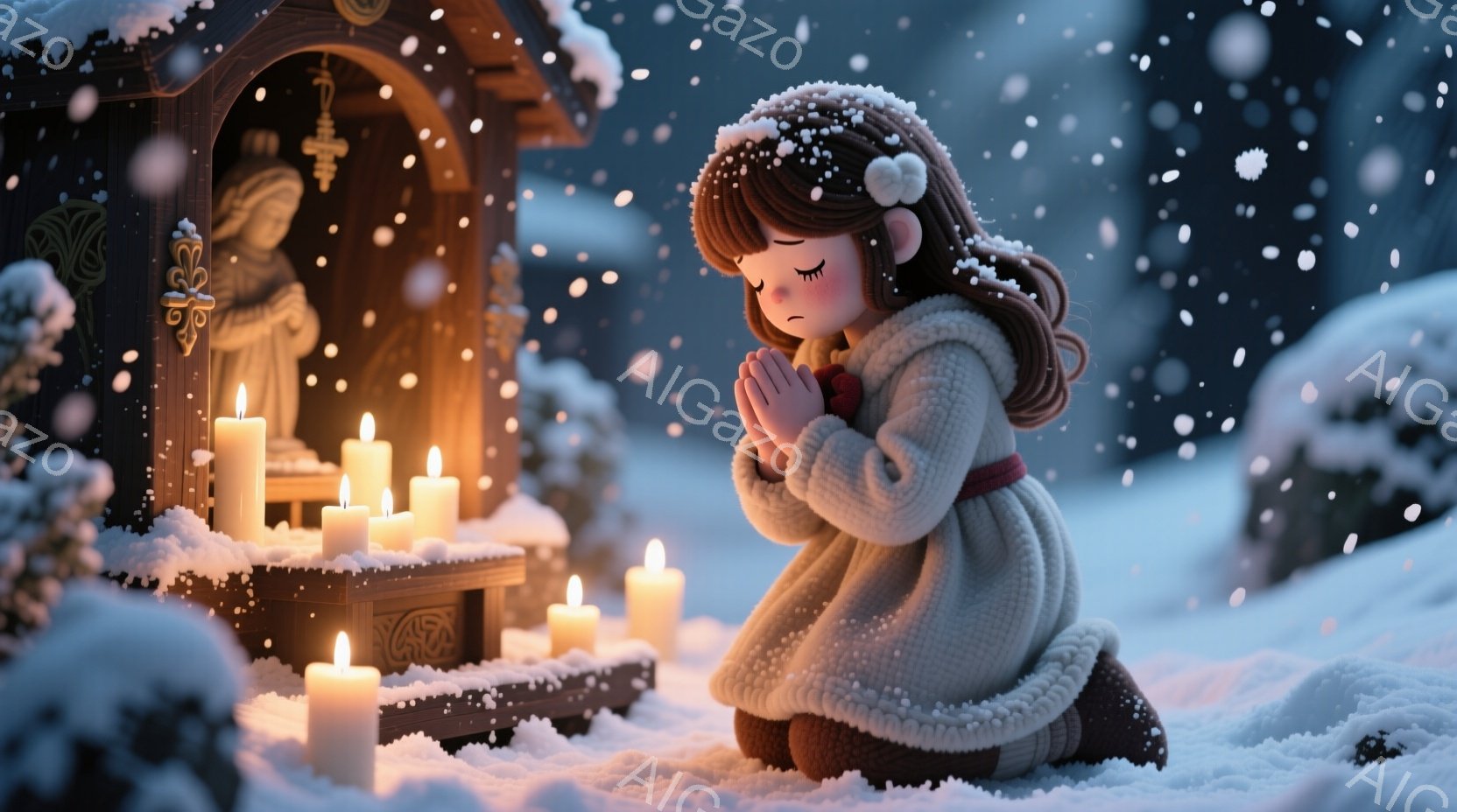 雪が降る中、ニットのコートと帽子を身につけた少女がひざまずいて祈っています。彼女は茶色のカールした髪をしており、目を閉じて敬虔な表情を浮かべています。背景には小さな聖母マリア像が置かれた祭壇があり、周囲には火を灯したたくさんの蝋燭が並び、暖かく幻想的な雰囲気を醸し出しています。