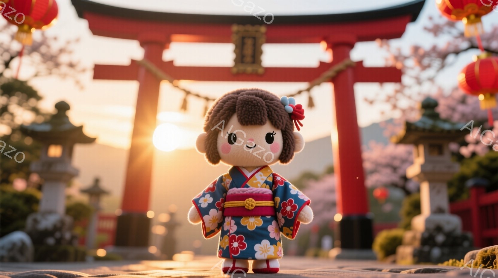 可愛らしい人形が、鮮やかな青い着物に身を包み、赤い帯で結ばれています。人形は正面を向き、つぶらな瞳と微笑みが愛らしい表情をしています。背景には、桜の花びらが舞い散る中、朱色の鳥居と石灯籠が立ち並び、夕焼け空が暖かく優しい雰囲気を醸し出しています。