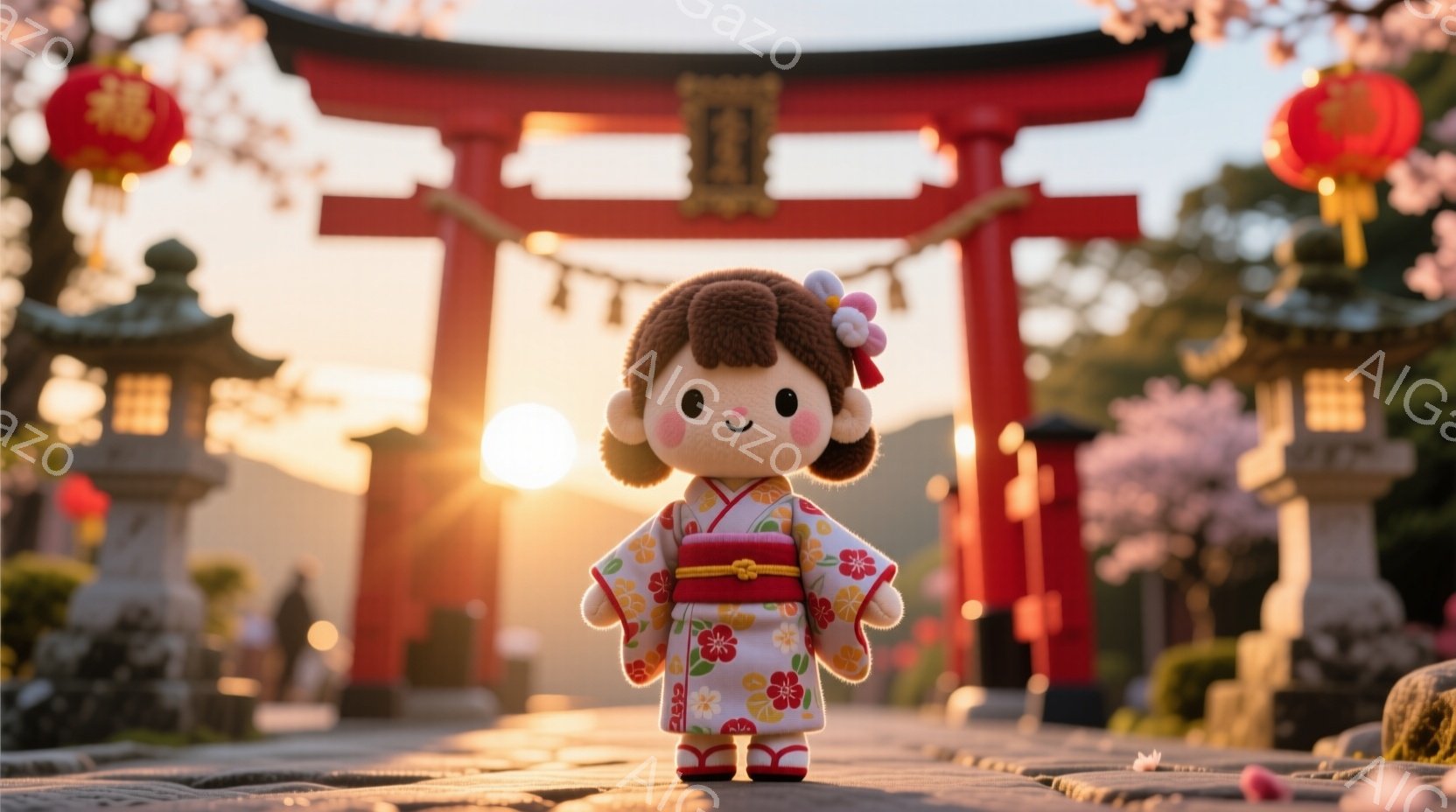 明るいピンク色の着物を着た、可愛らしい女の子の人形が、石畳の道に立っています。ピンクと白の着物には、可愛らしい花柄が描かれており、赤い帯が結ばれています。背景には、鮮やかな赤い鳥居と、桜の花びらが舞う - AI生成フリー素材