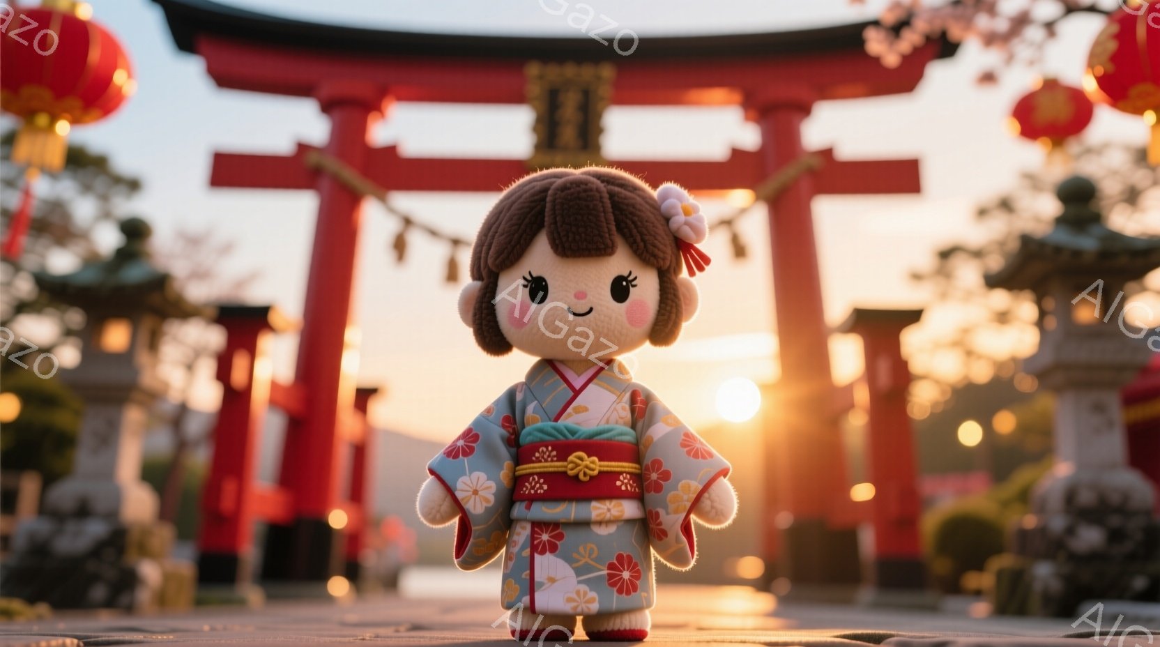 明るいピンク色の着物を着た、可愛らしいぬいぐるみのお人形が中央に配置されています。人形は黒髪で、前髪をきれいに整え、首には赤いリボンをつけています。背景には、夕焼けを背景にした赤い鳥居と、石灯籠、そし - AI生成フリー素材