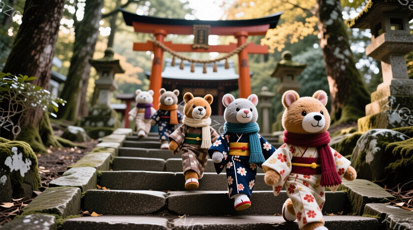 赤い鳥居と石段のある神社を、着物を着たクマのぬいぐるみが列になって歩いている様子が描かれています。クマたちはそれぞれ異なる模様の着物と赤いスカーフを身につけ、楽しそうに階段を上っています。背景には緑豊 - AI生成フリー素材